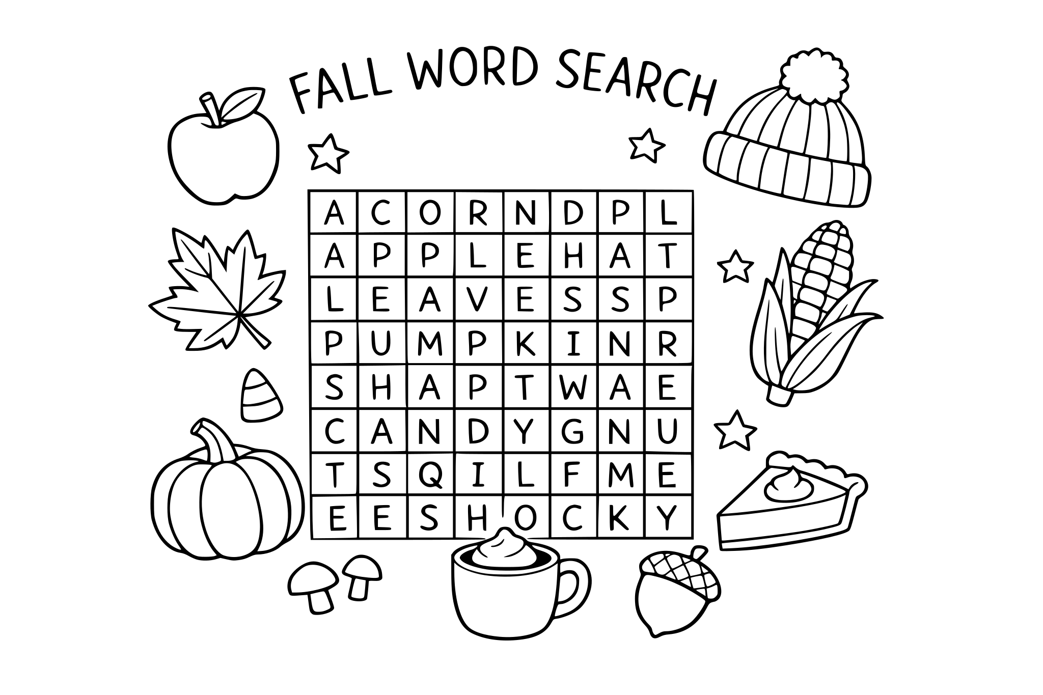 Word search with fall items, minimalistic line.