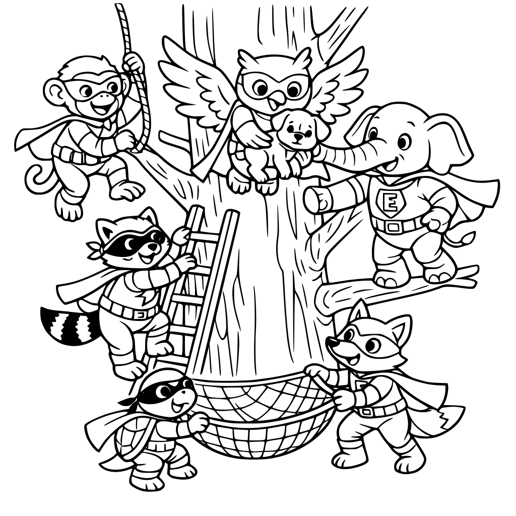 5 different animals in superhero costumes rescuing a puppy from a tall tree
