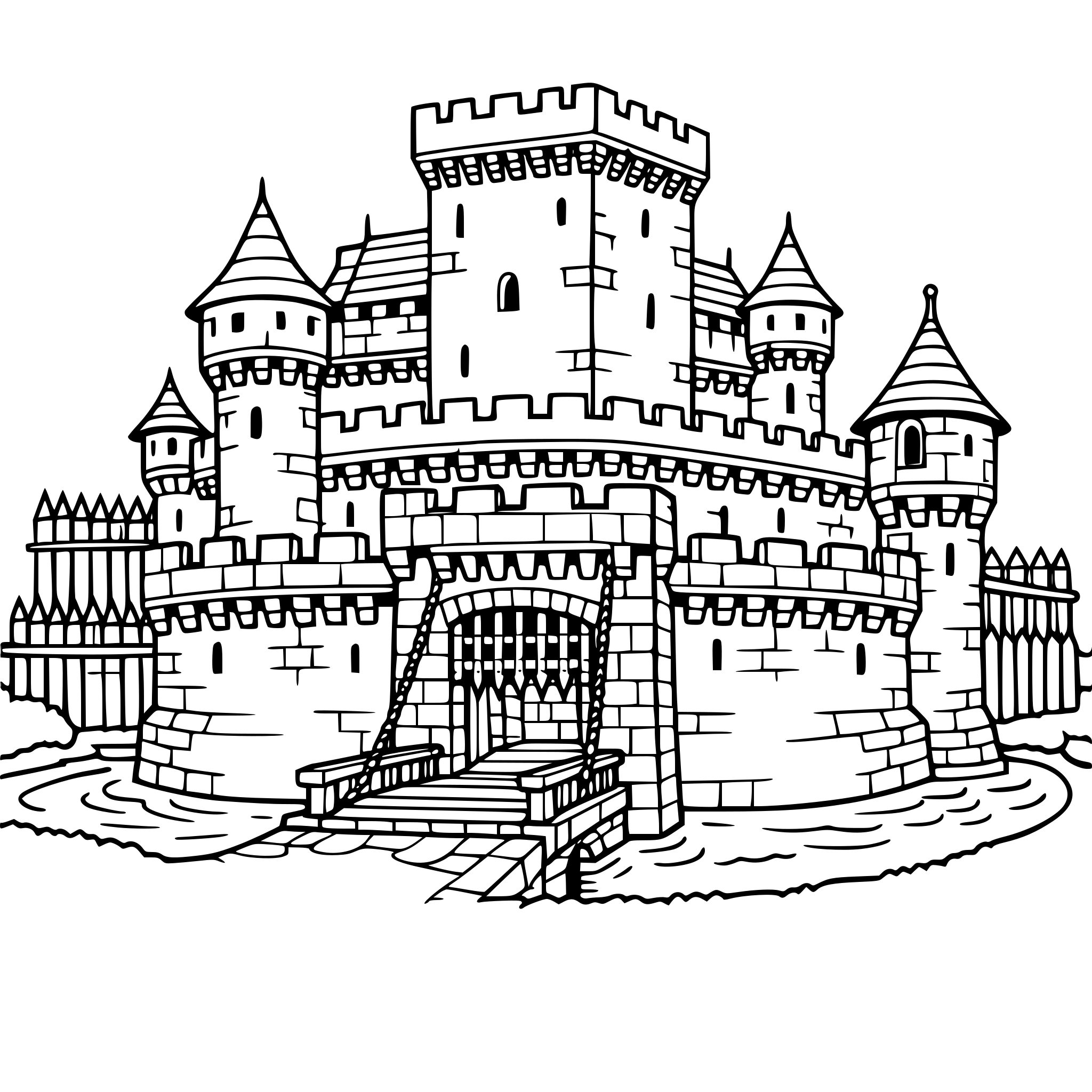 chateau fort avec des douves, un pont levis, une herse, un donjon, des tours, un chemin de ronde, une barbacane, une palissade, des mâchicoulis, une échauguette et des meurtrières