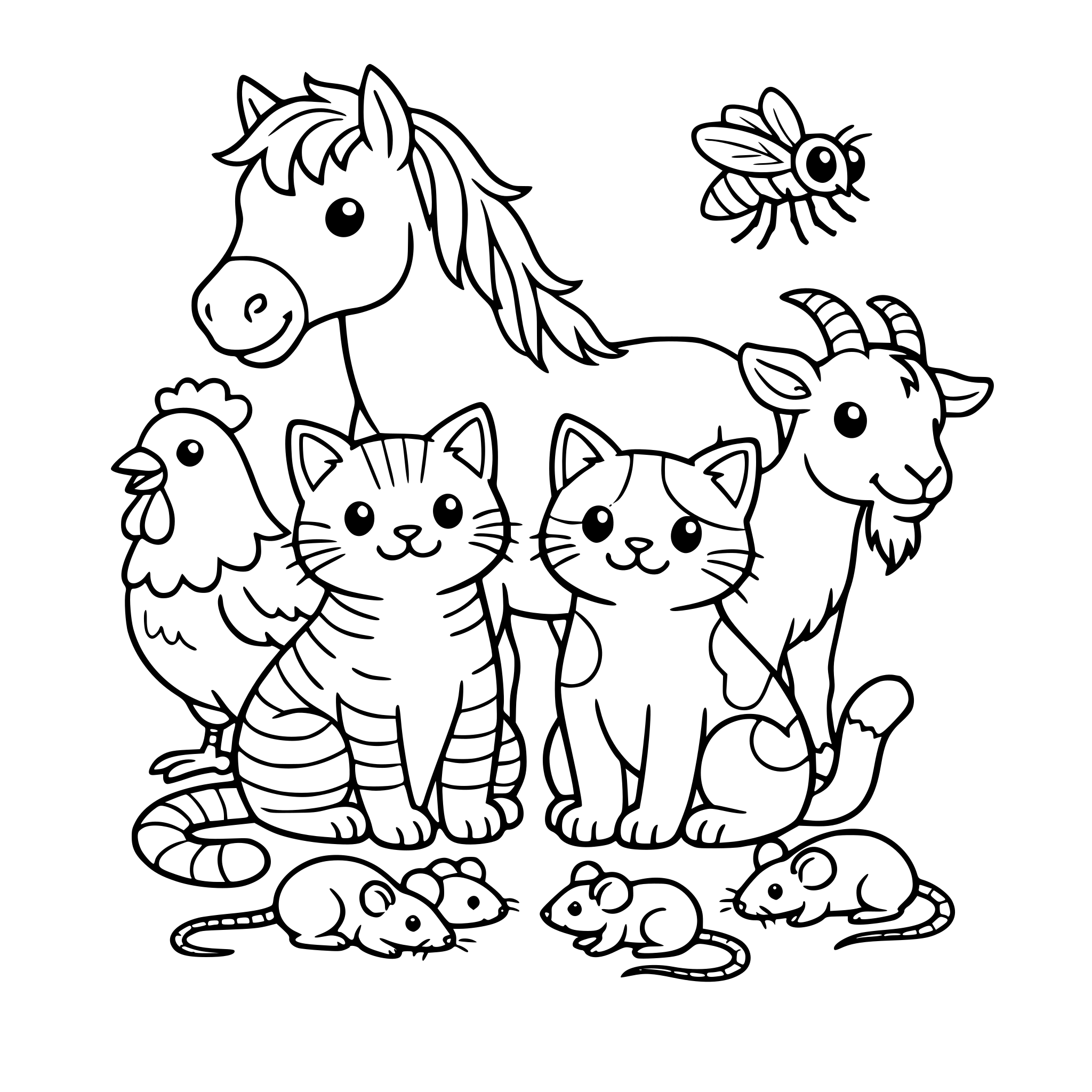 two cats, mice, mous, horse, ghoat, fly, chicken