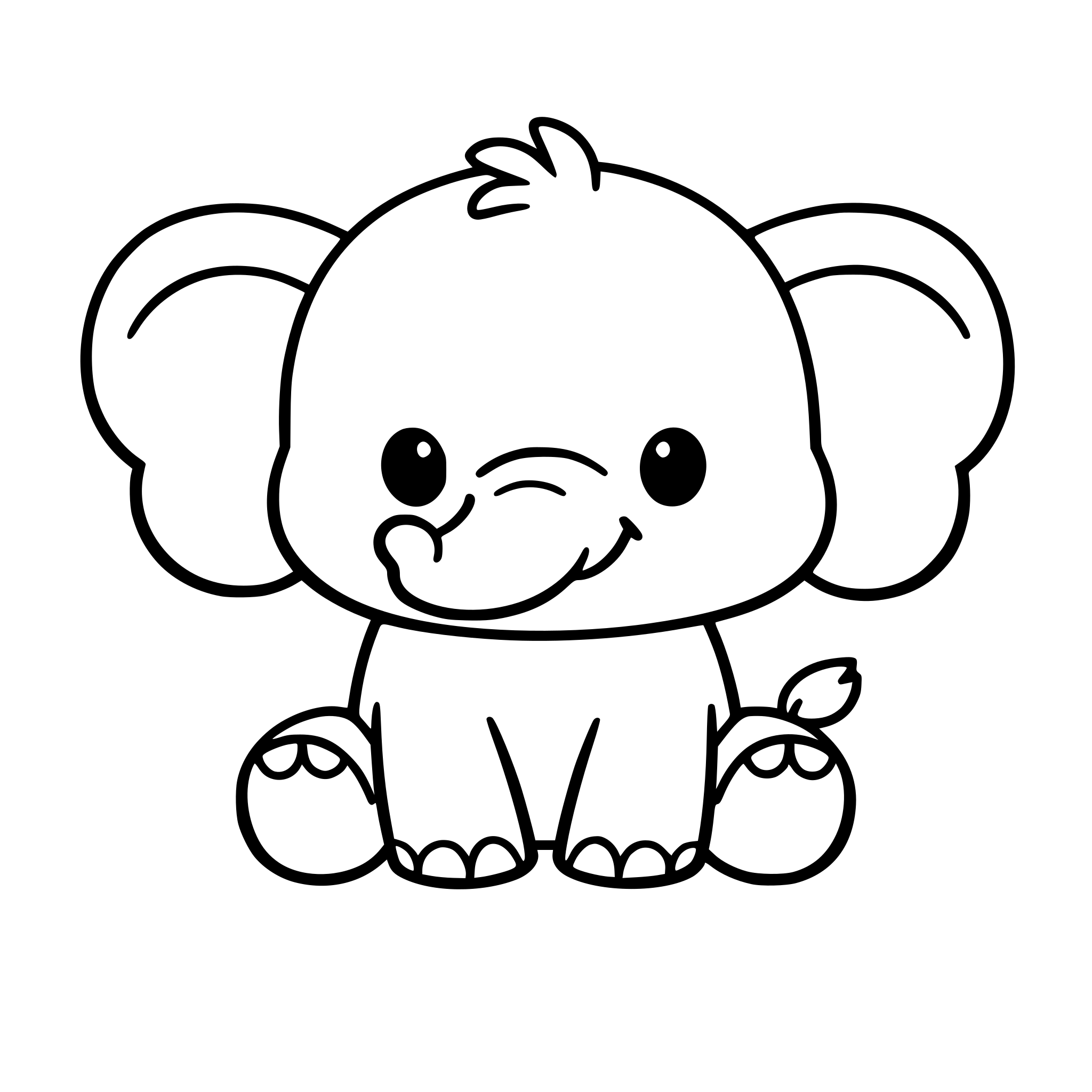 Simple black and white coloring book page for kids, cute baby animal, thick bold outline, minimal details, no shading, no color, white background, centered composition, large shapes, easy for toddlers, cartoon style, clean line art, printable