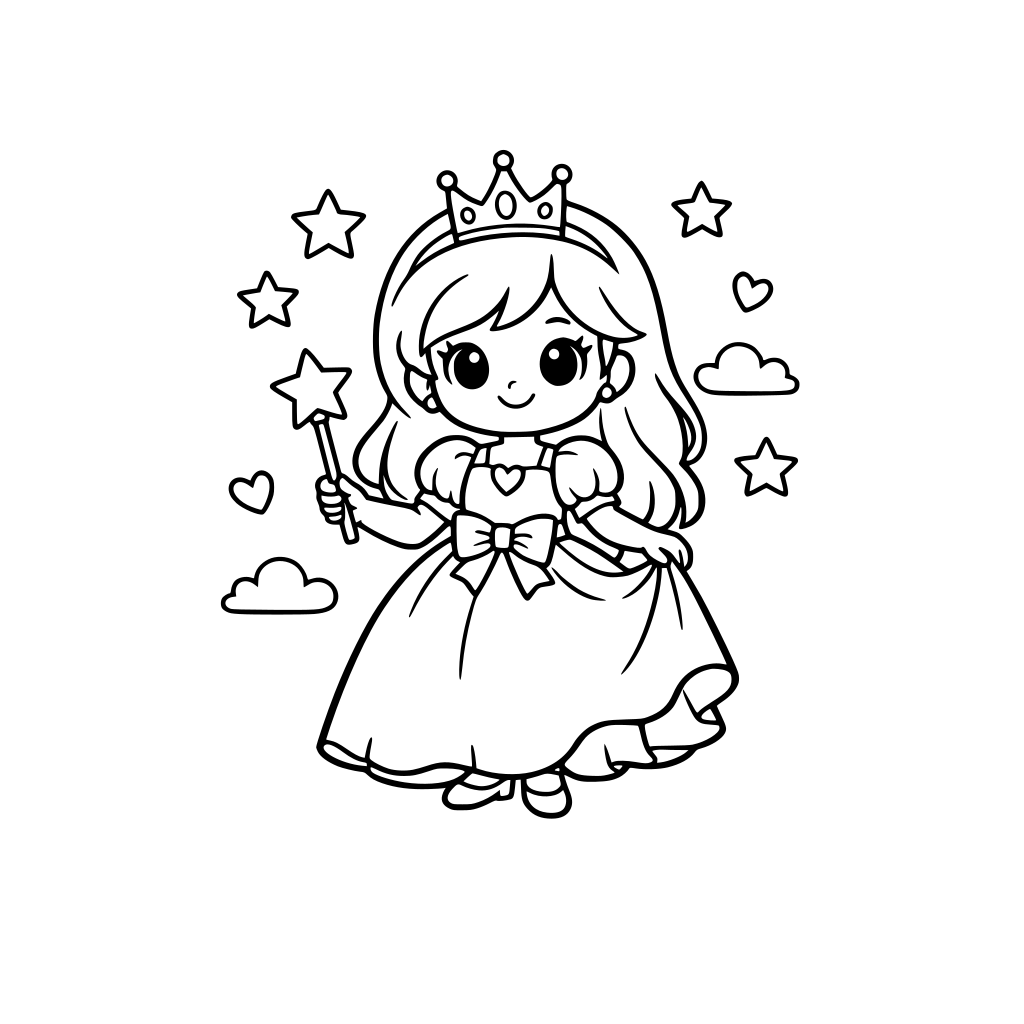 Página de colorir de princesa fofa, preto e branco, linhas simples, estilo desenho animado, para crianças