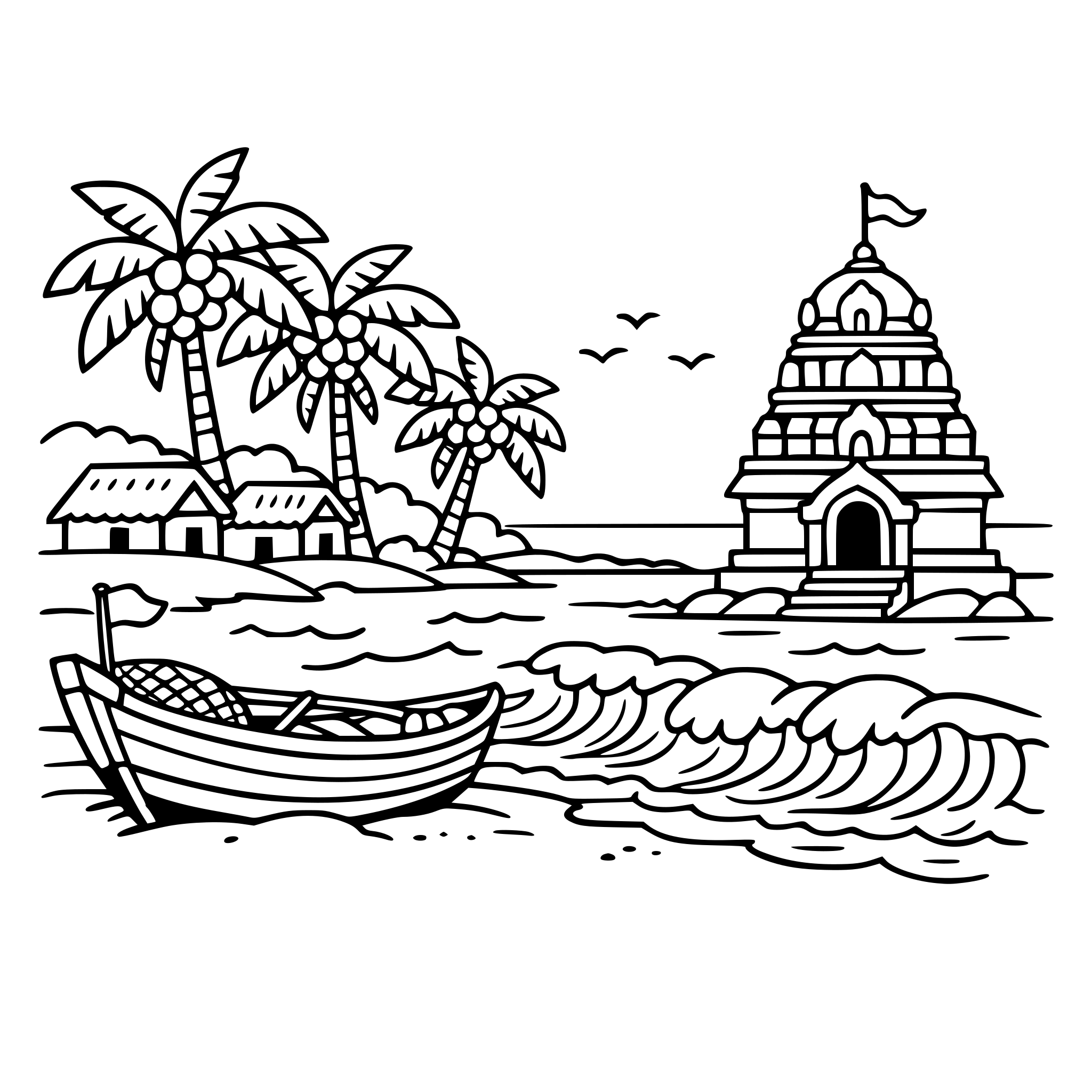 cute cozy simple 1. Andhra Pradesh Cozy coastal village with a fisherman boat, coconut trees, small temple tower, and sea waves.