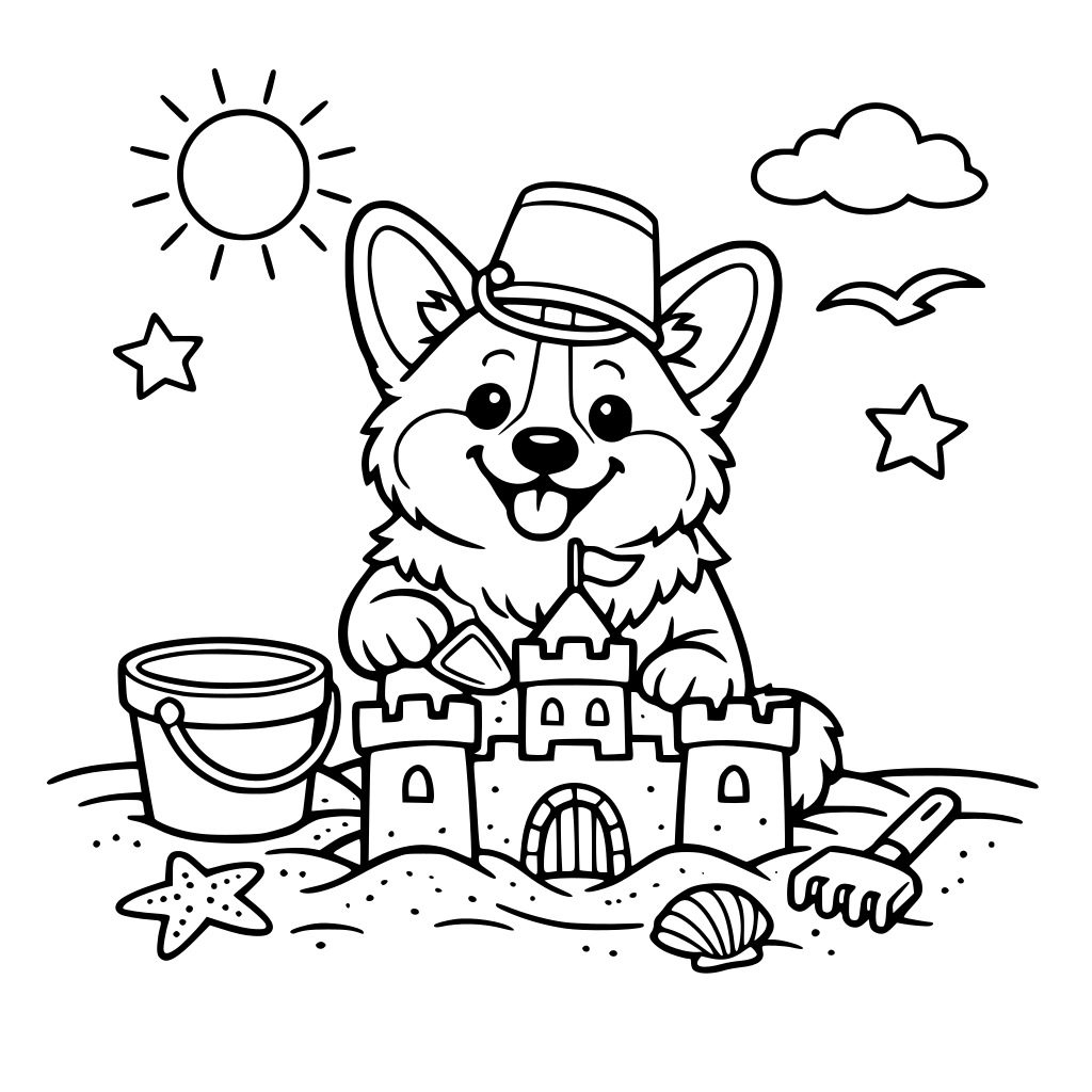 a corgi building a sand castle