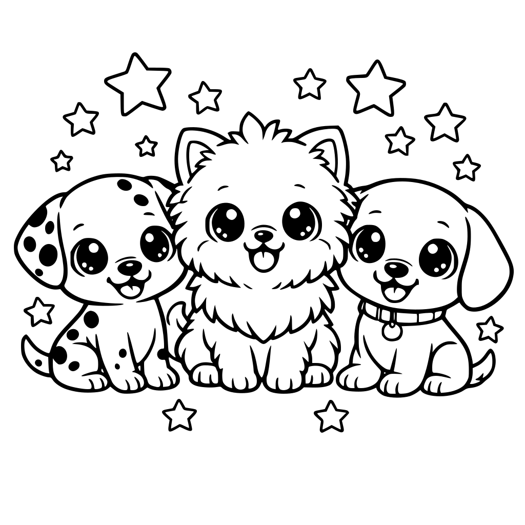ausmalbild, 3 hund, sterne,KAWAII , große Augen, ohne hintergrund, weiß mit schwarzen linien