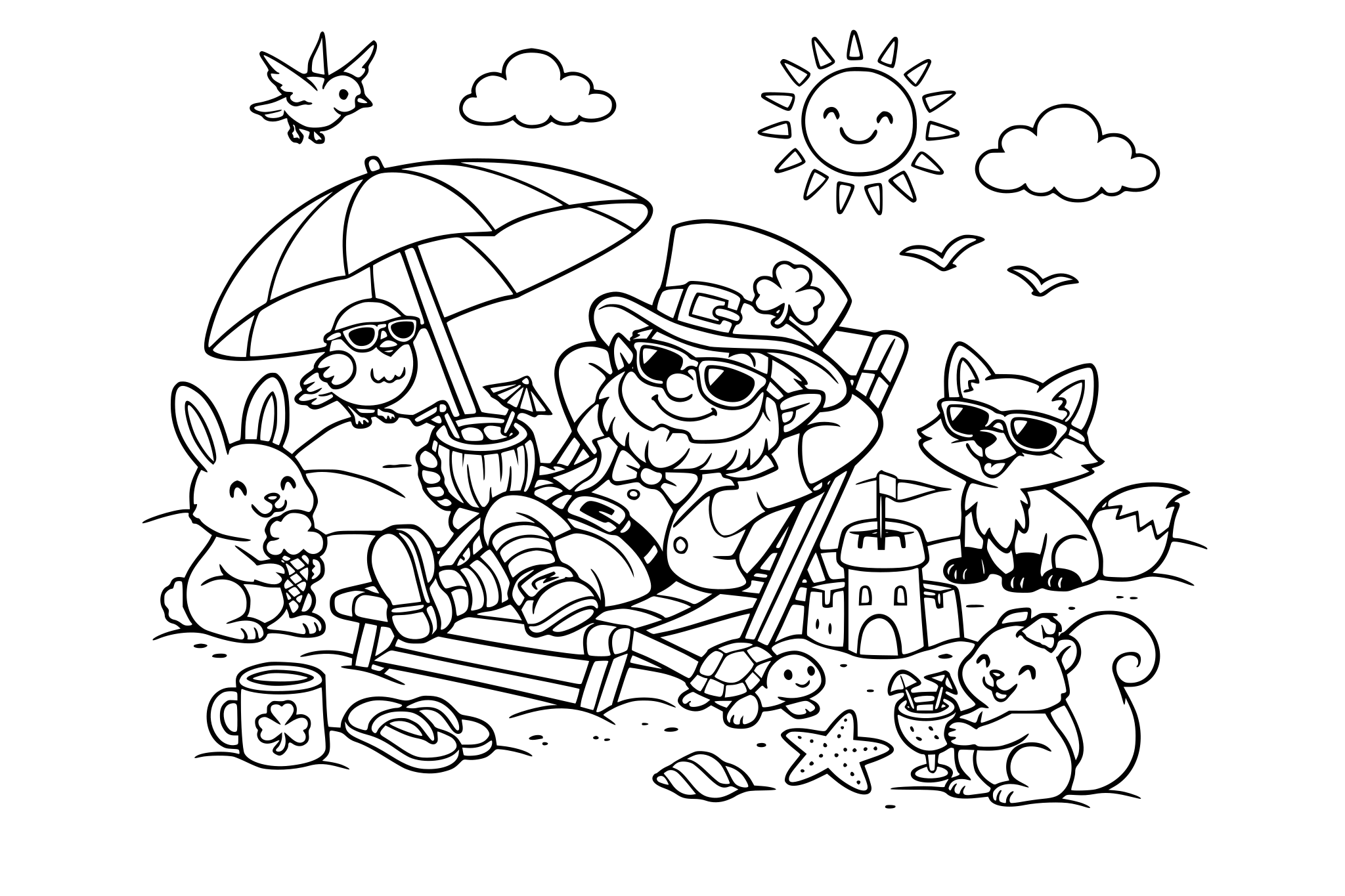 Leprechaun relaxing at the beach with his woodland friends