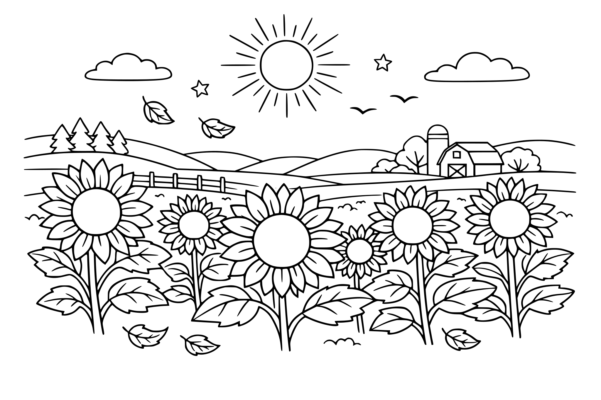 Sunflower field in fall, minimalistic line.
