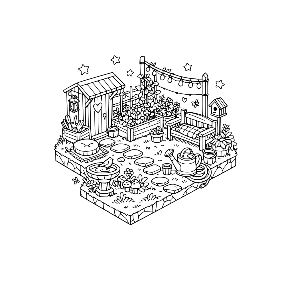 hygge style, cute and cozy, 3d isometric corner, outdoor garden with watering can