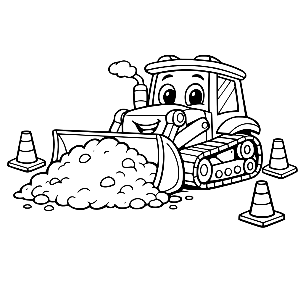 cartoon bulldozer pushing a pile of dirt with traffic cones nearby.