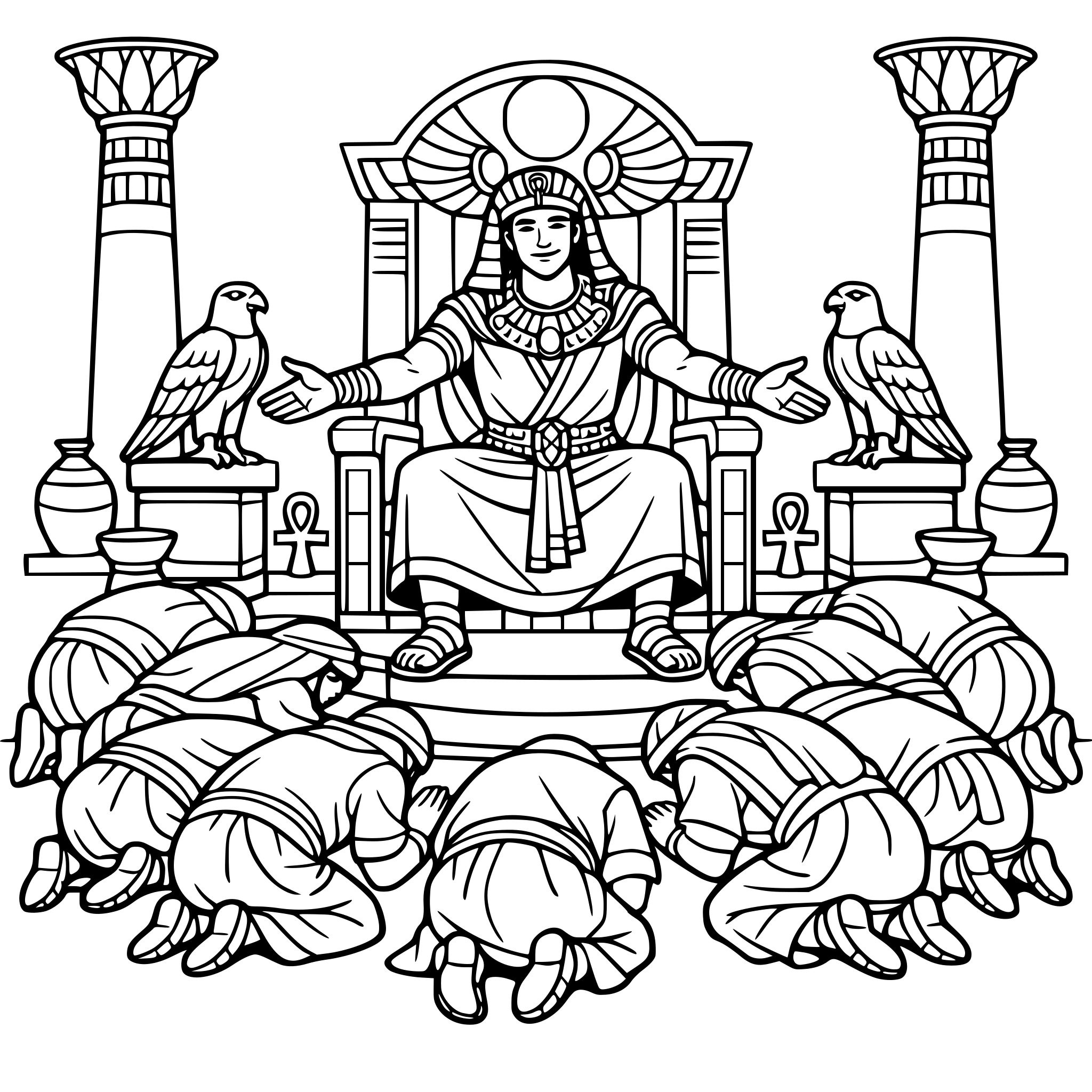 create a design with joseph on the throne in Egypt and his 11 brothers bowing down before him. Make joseph look compassionate and have him stretch his arms out to his brothers. Make the scene happen in the throne room in the egyptian palace