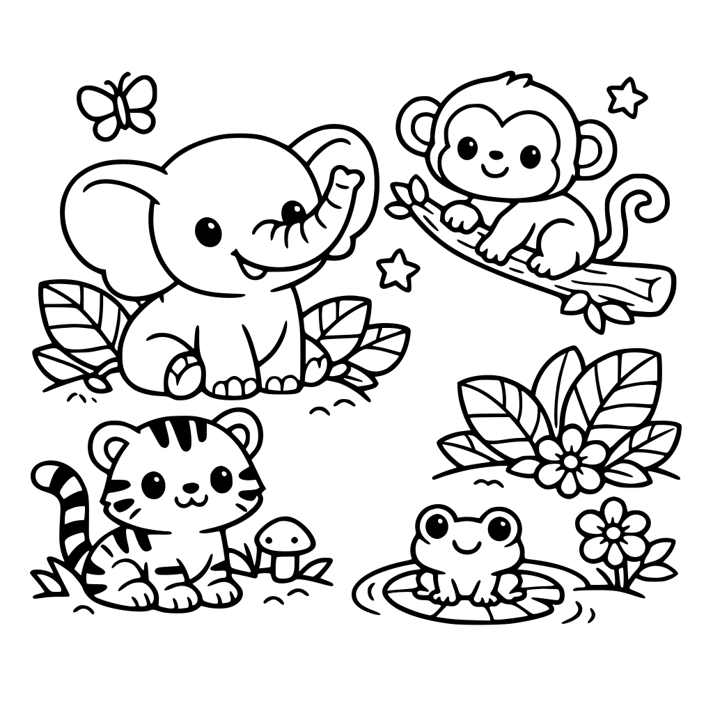 a cutsie cozy coloring book with land animals in the jungle. simple bold cute