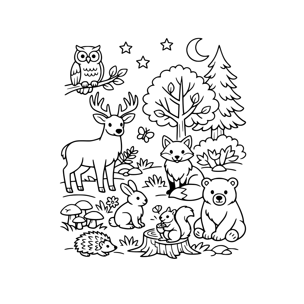 Forest theme, animals, trees, for adults