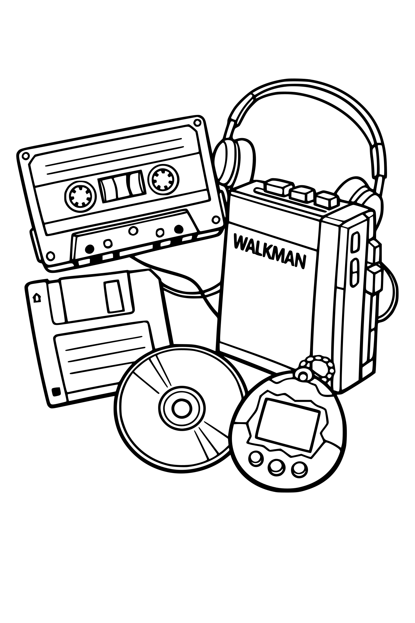 collage of cassette tape, walkman ,floppy disk,CD,tamagotchi