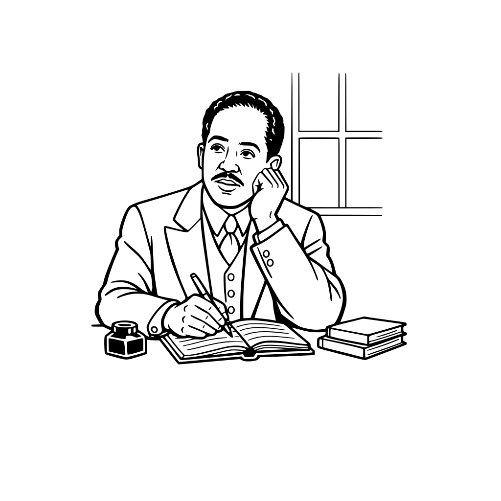Langston Hughes sitting at a desk writing poetry in a notebook, thoughtful expression, simple 1920s style suit, minimal window outline in background, mid-body framing.