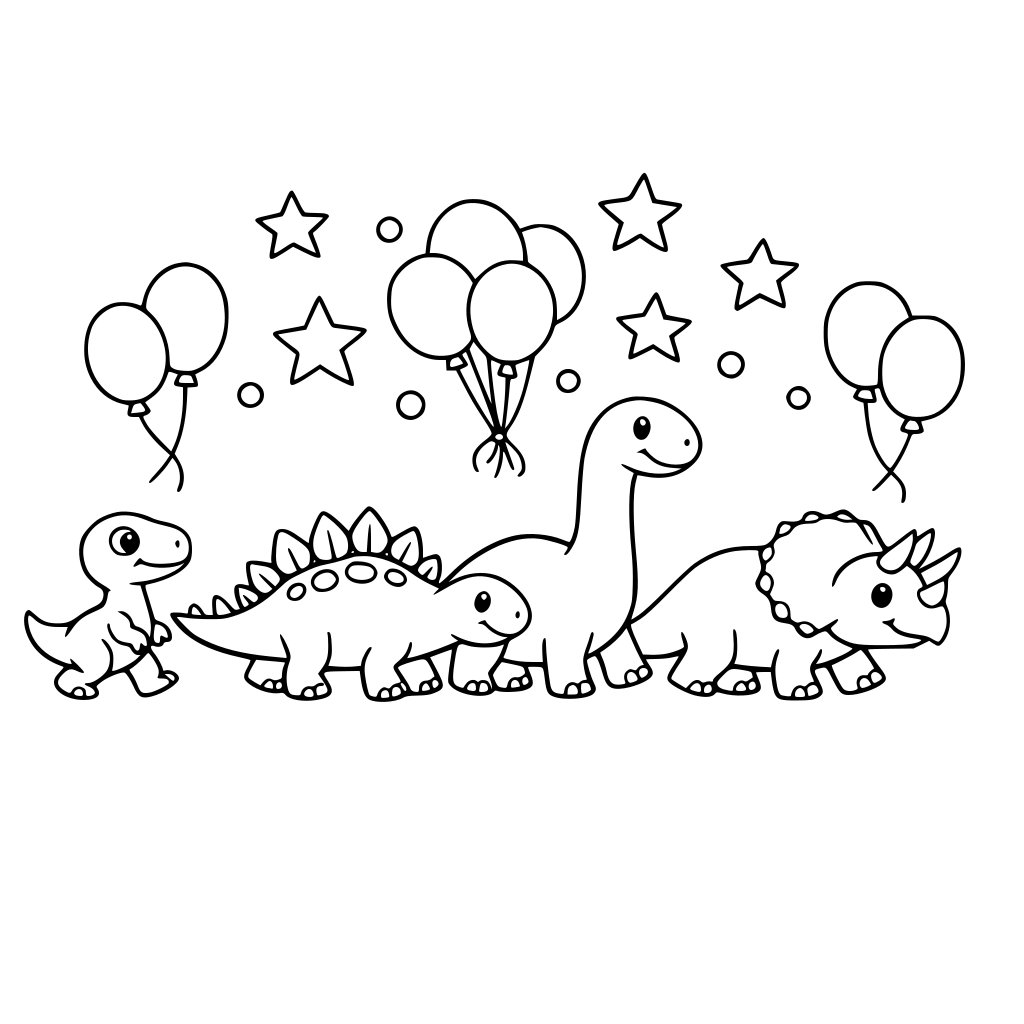Dinosaurs walking in a line with balloons and stars above them.