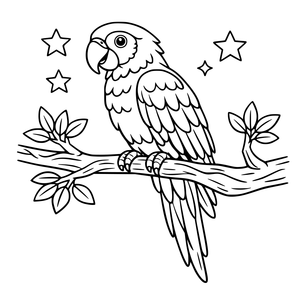 een papegaai op een tak in de boom. Met veel lijnen.