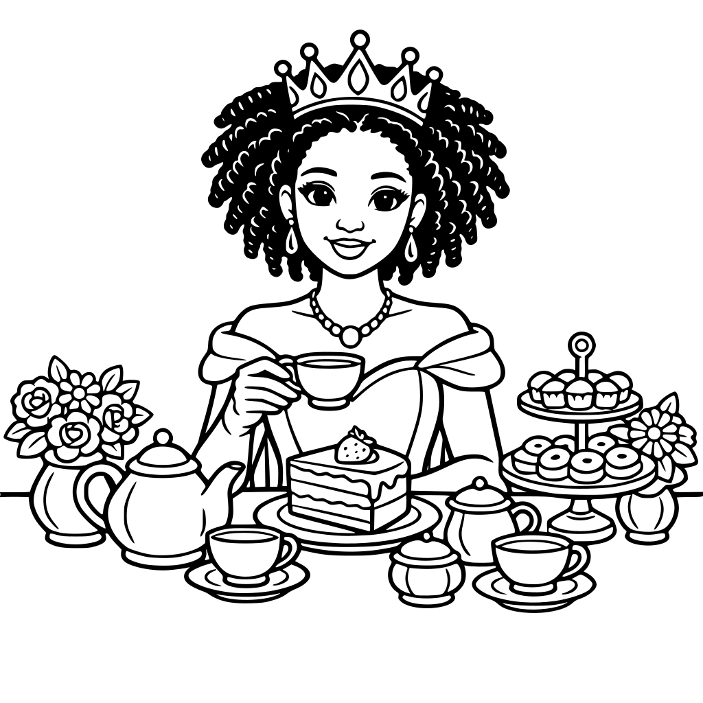 of a princess sitting at a tea table with teacups, cake, and flowers. Princess has black features and dreads or afro