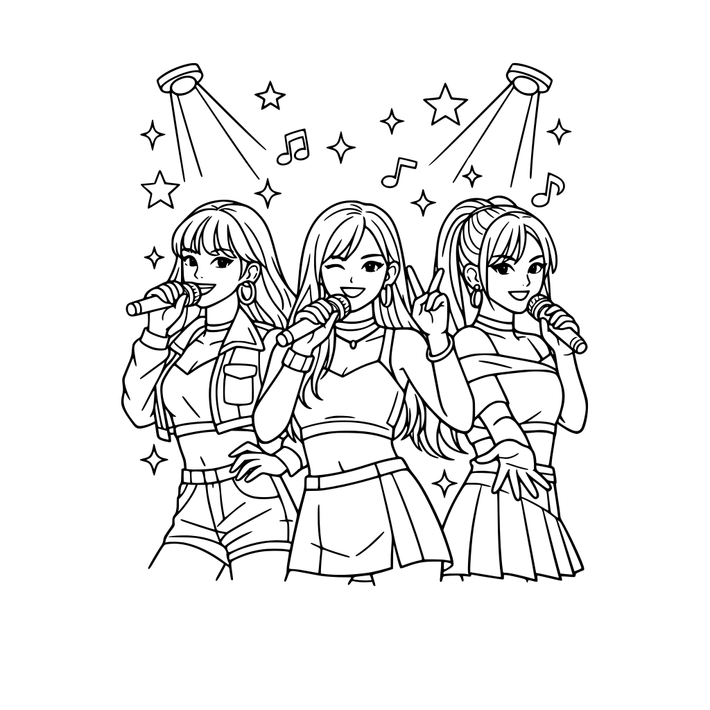 Portrait coloring book page with 3 k-pop singers performing at a concert. Lights, stars, and music notes in the background. Fill the whole page.