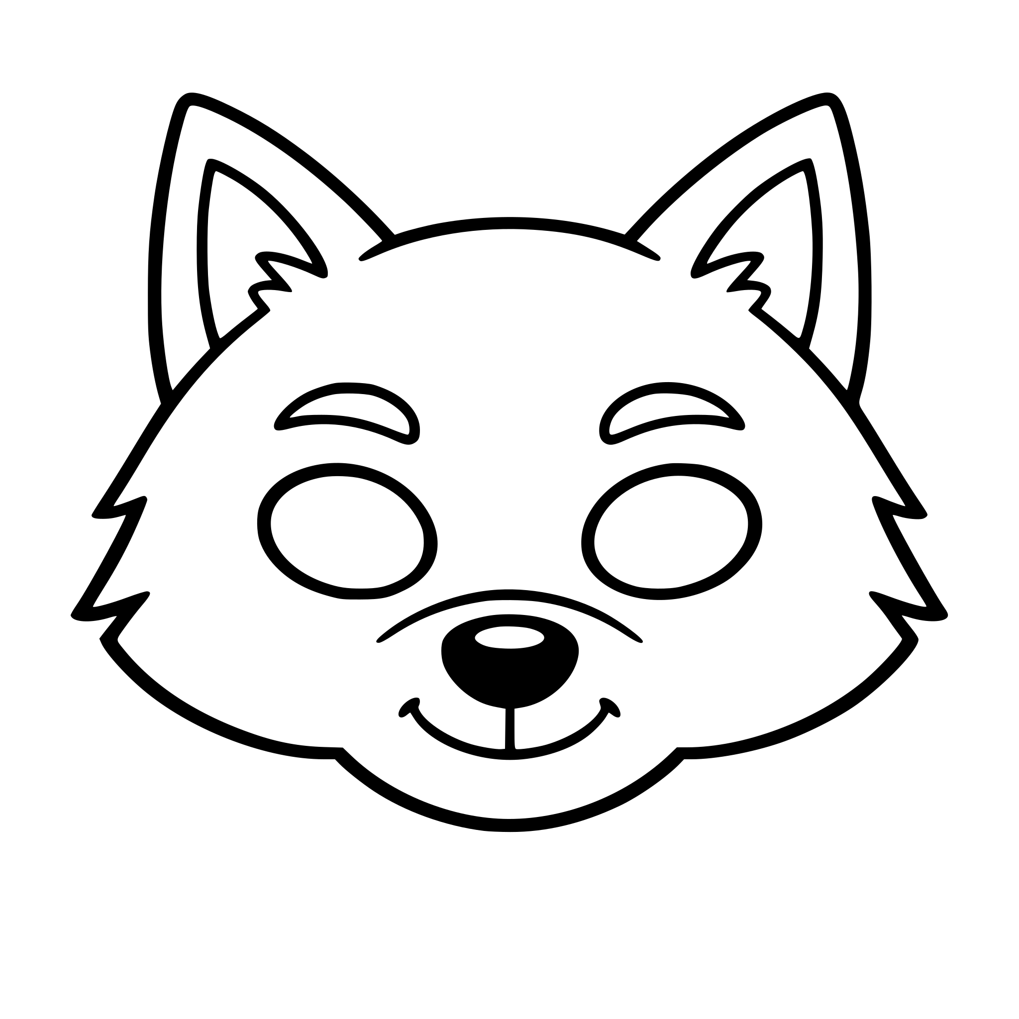 A simple wolf mask coloring page for kids, front-facing, slightly sharp ears but friendly look, simple facial features, bold thick outlines, minimal details, symmetrical design, no shading, black and white line art, easy for 4-year-old children, printable A4 size