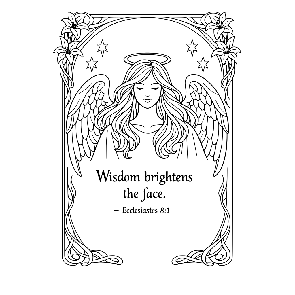 Minimal angel with flowing hair and simple halo, set in a light Art Nouveau frame. Include “Wisdom brightens the face.” – Ecclesiastes 8:1