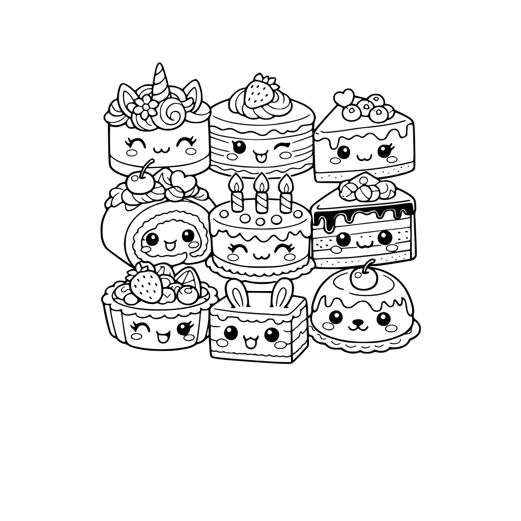 various kawaii cakes with different facial expressions, do not repeat cakes