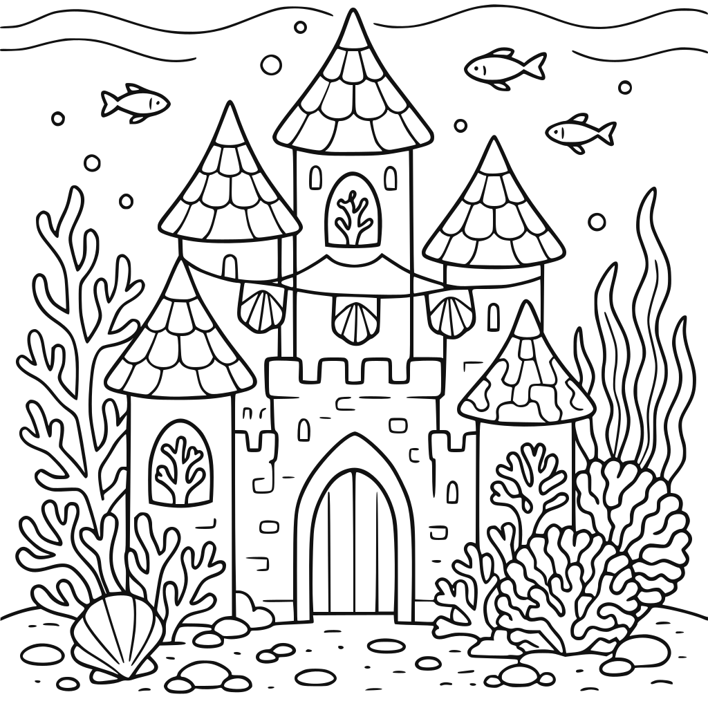 An underwater reef castle at quiet tide, with coral windows, shell banners, and 