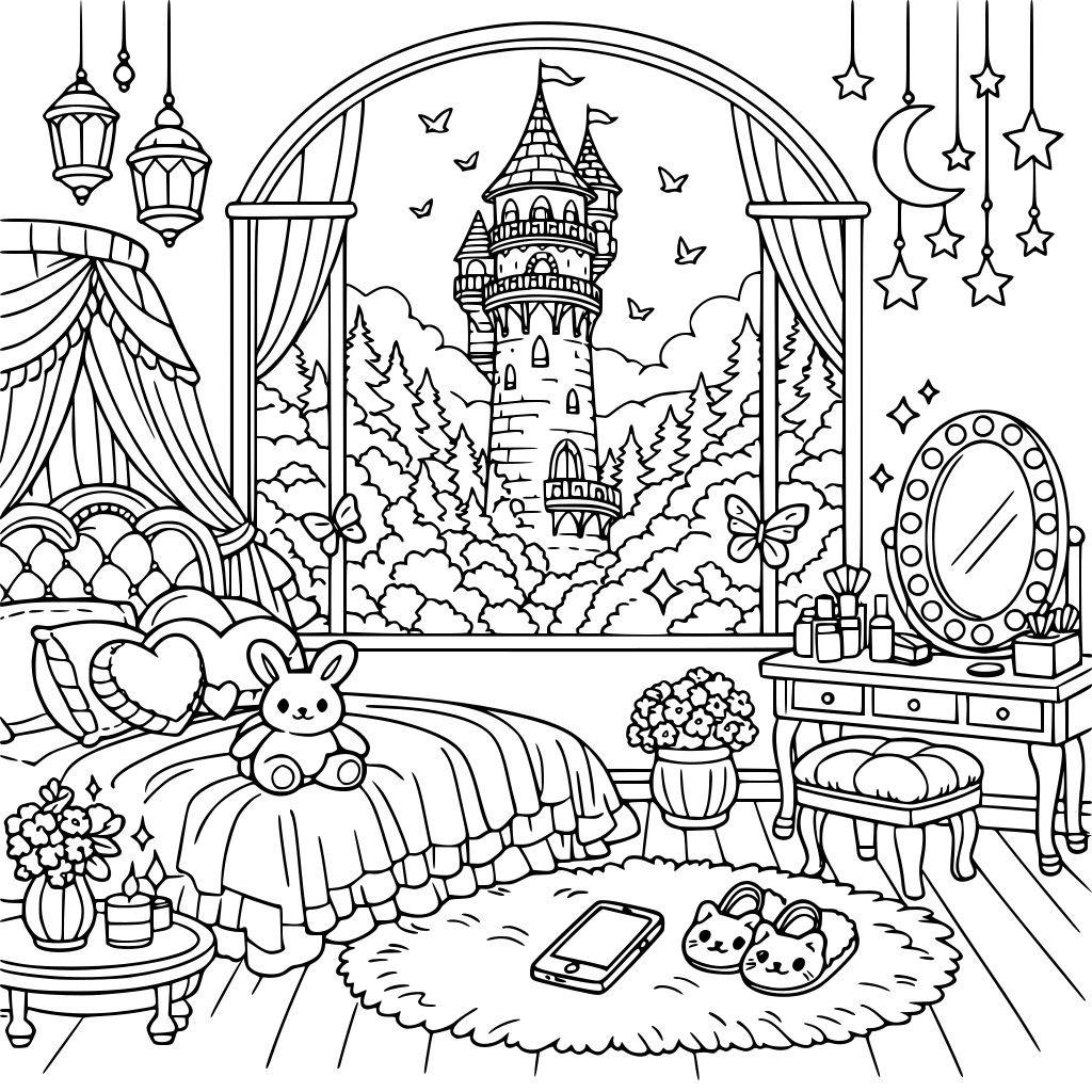 A high tower in an ancient forest selfie aesthetic fantasy master bedroom for girls & women