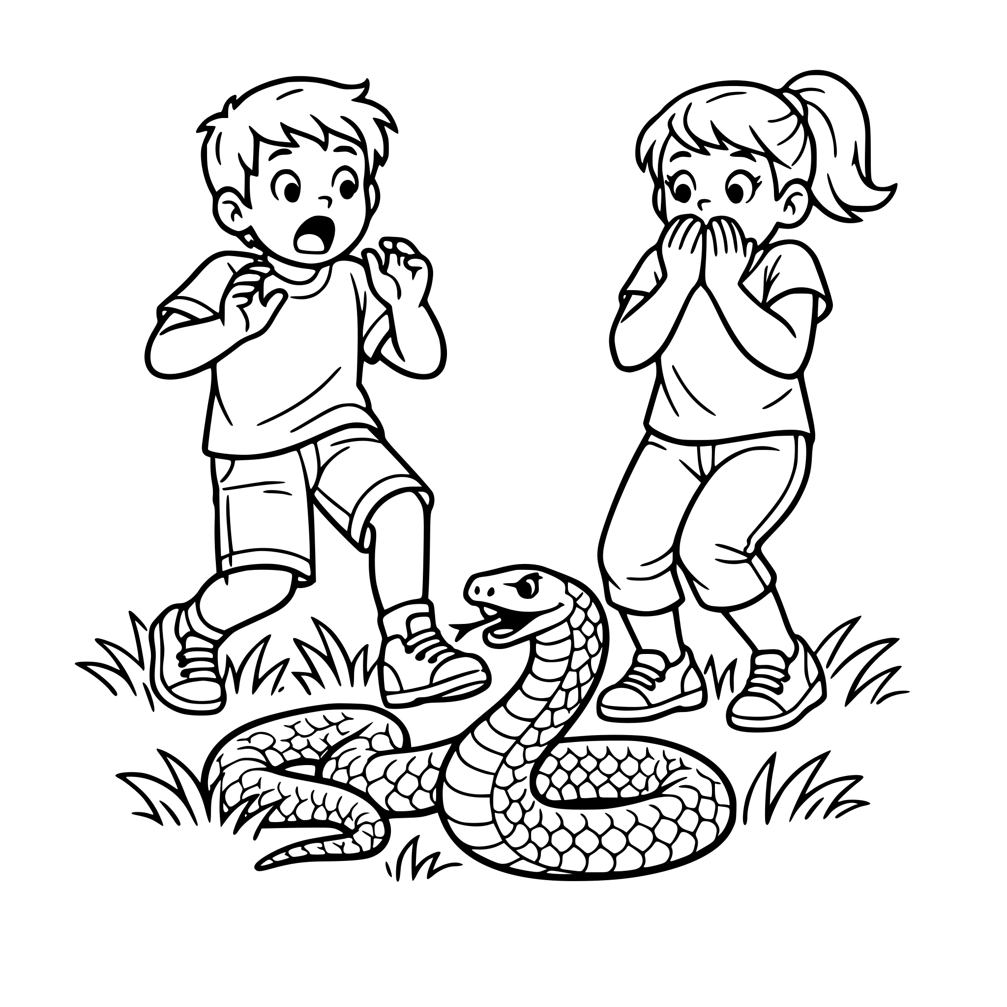 Create an image of a real one older boy and one older girl with her hair in a pony tail, walking through the grass and they gasp and get scared when they see a long, thick snake. White background, isolated.