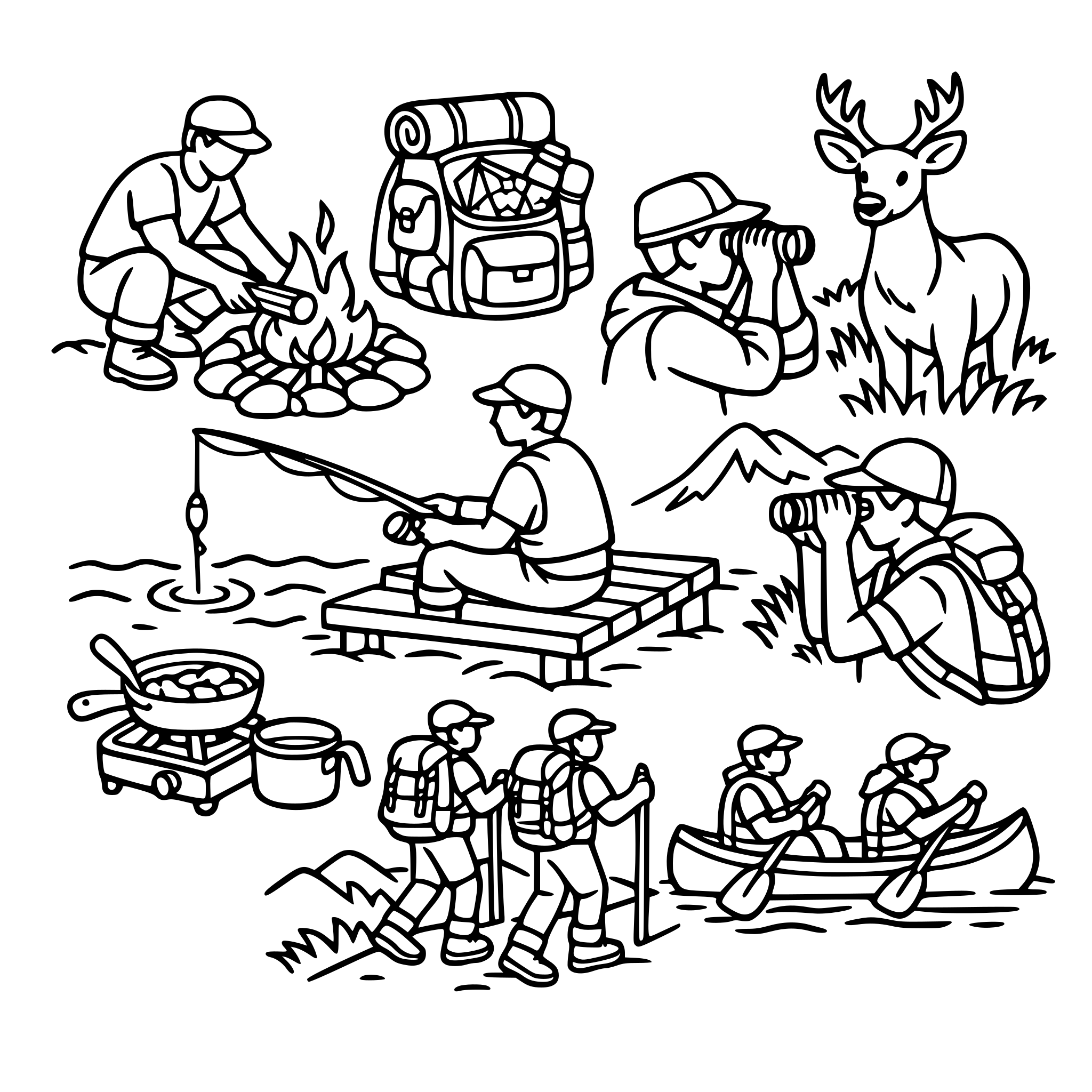 make a fire, pack the bag, go fishing, watch animal, cook food, go hiking, go canoeing