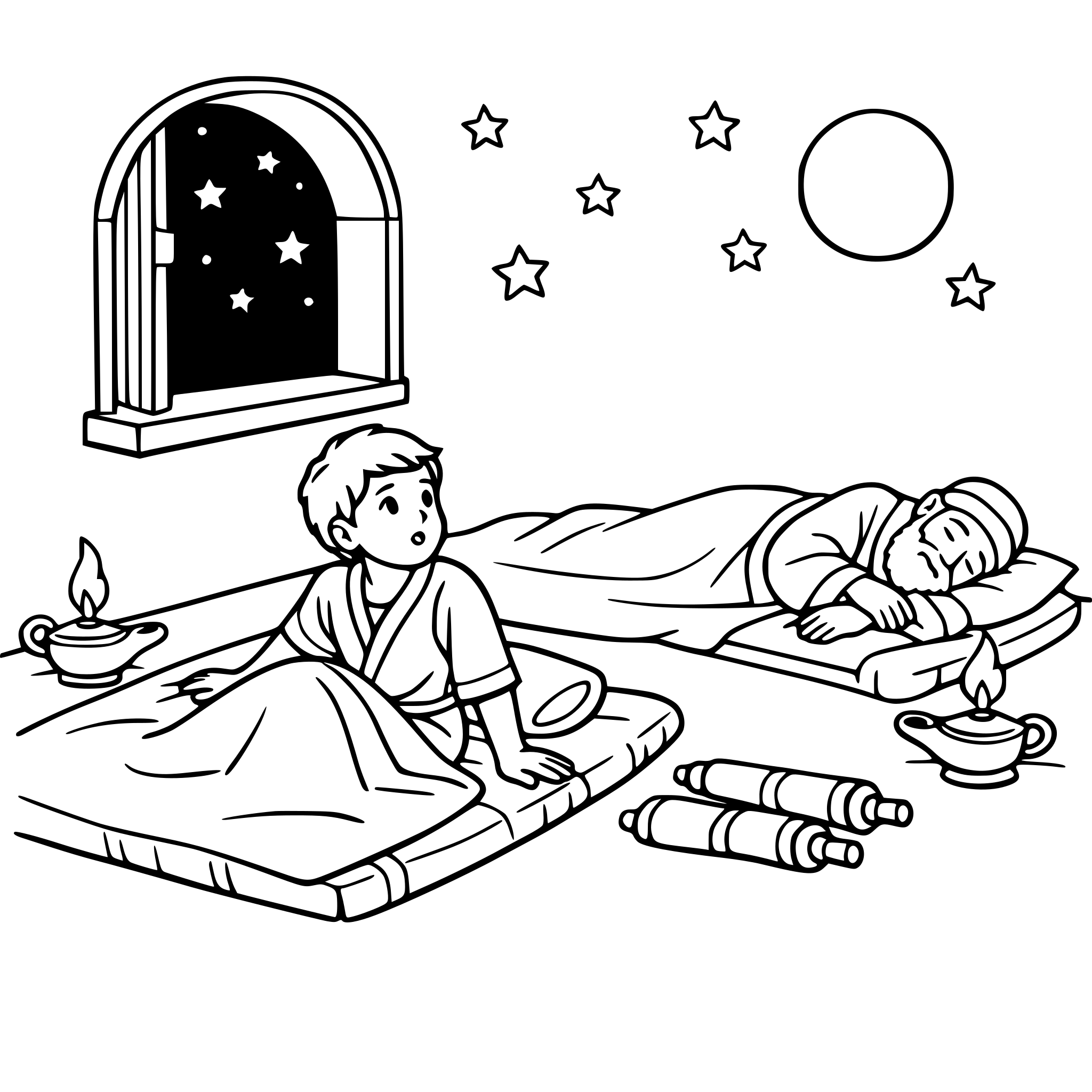 Show Samuel at night laying on a mat hearing a voice calling to him. Make it in an upper room of a home with an open window. Include an older man on the other side of the room, laying on a mat. Include lamps and a couple of scrolls. Include stars in the night sky and a moon