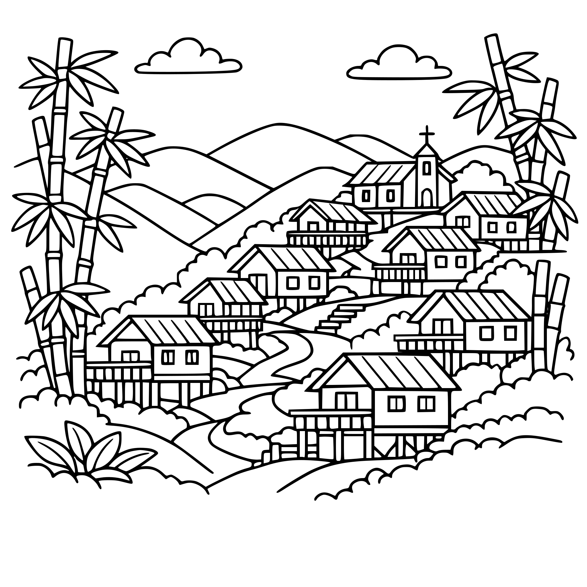 Cute cozy simple Mizoram Mountain village with stacked hillside houses and bamboo trees.