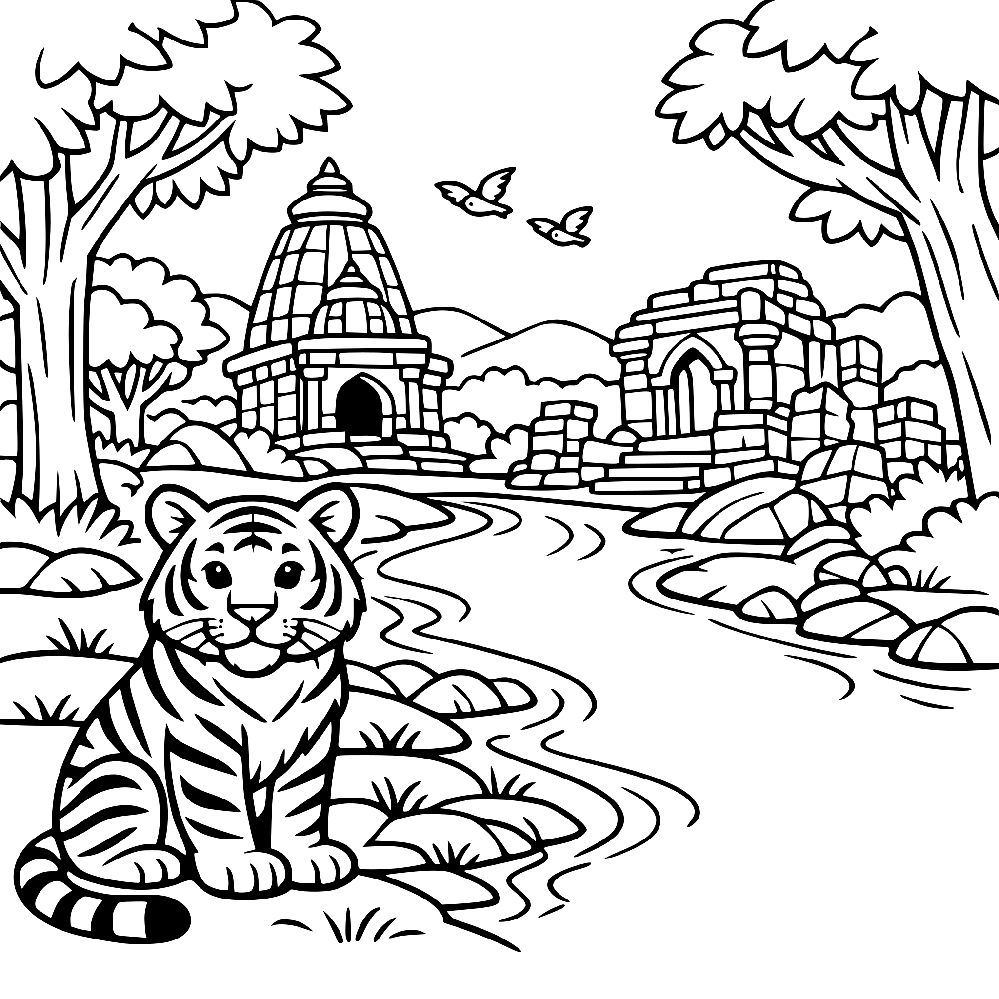 Cute cozy simple Madhya Pradesh Forest landscape with tiger, ancient temple ruins, and river.