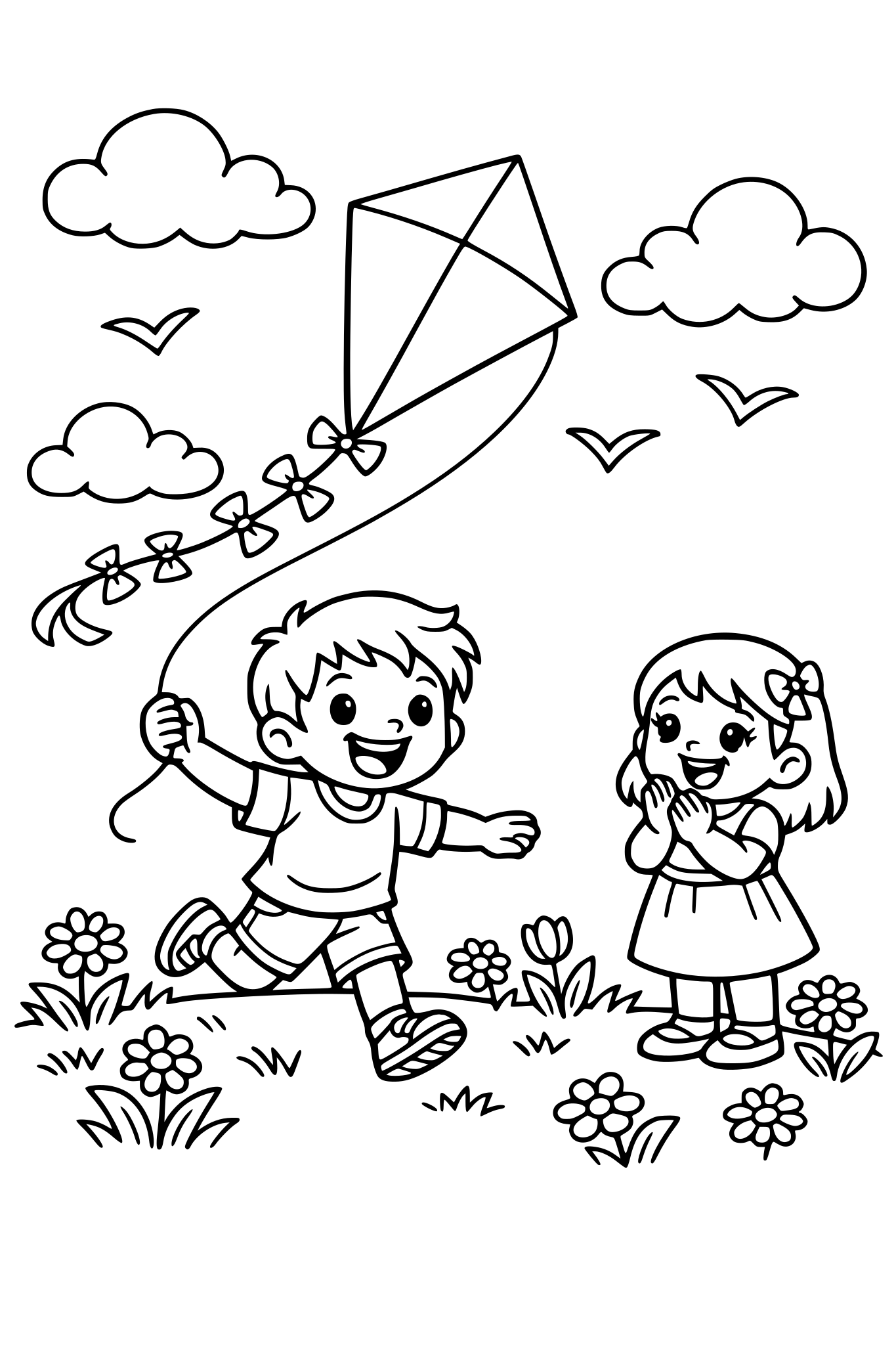 cute kids coloring page, happy boy running in a field flying a big kite in the sky, girl watching and clapping, clouds and birds above, flowers in the grass, simple shapes, thick outlines, kids coloring book illustration