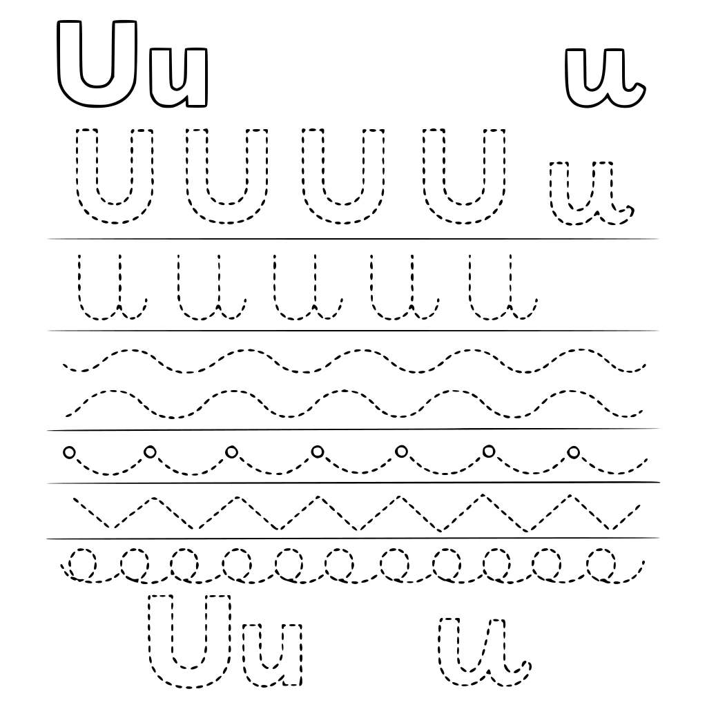 zrób całą listę ćwiczeń do litery U duże i u małe różne ślaczki wykropkowane dzięki którym nauczymy pisać się literkę U i u