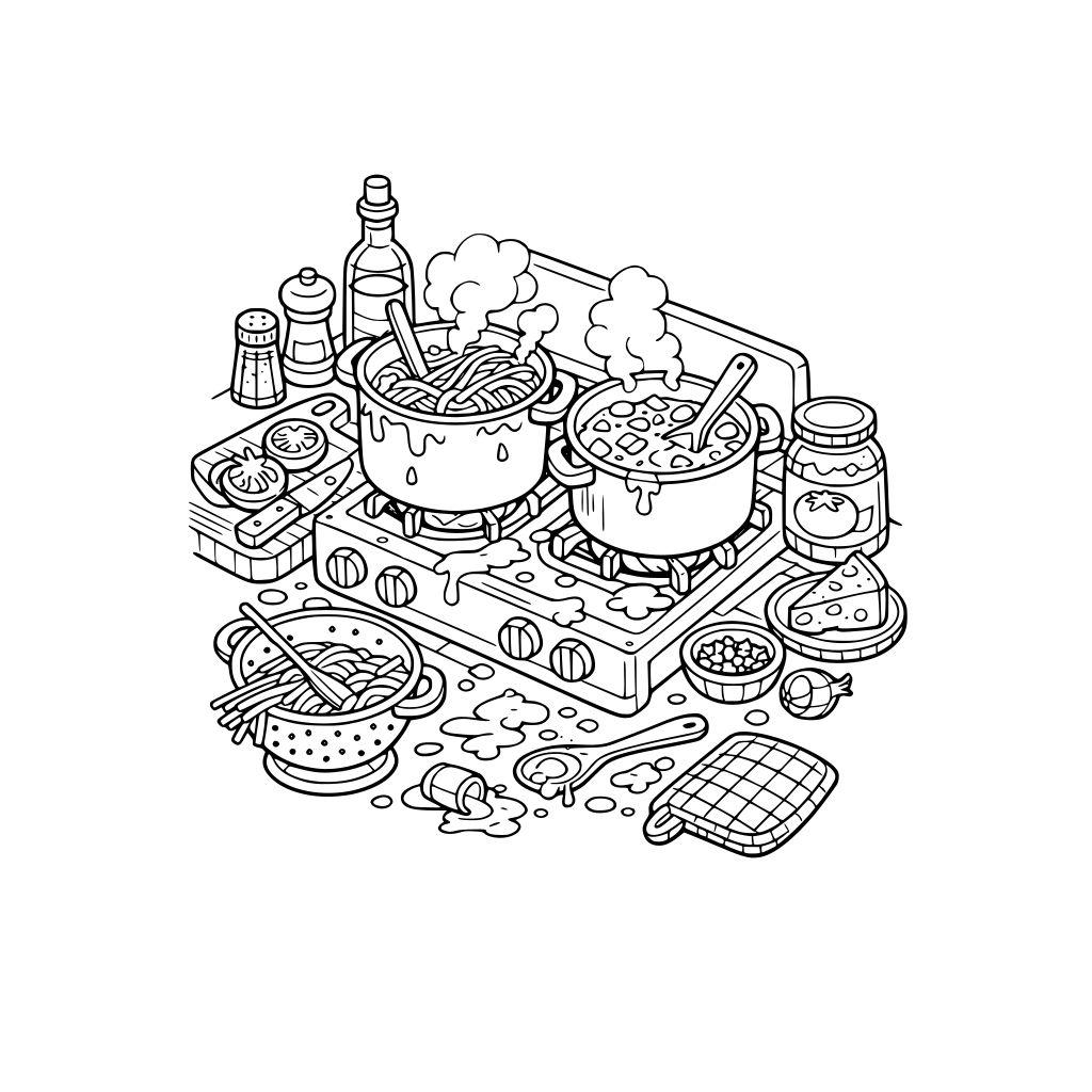 hygge style, cute and cozy, 3d isometric, cooking pasta and sauce on a stovetop, a little messy