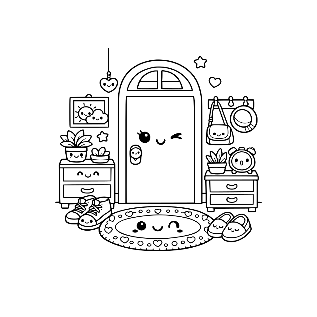 cute kawaii entrance with door, rug, shoes, picture frame, drawers, plants. no animals. a few items with kawaii faces. do not repeat facial expressions.