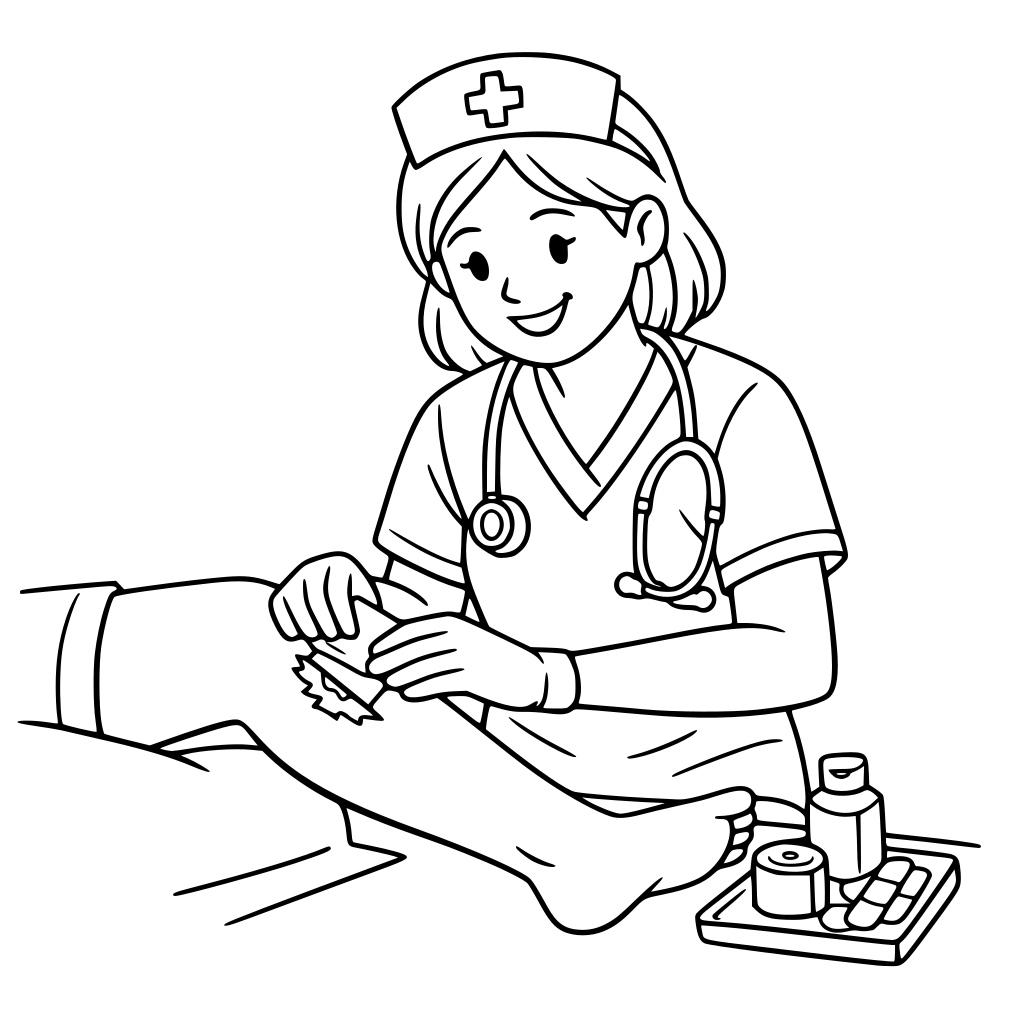 a smiling nurse taking care of a wound on a patients leg