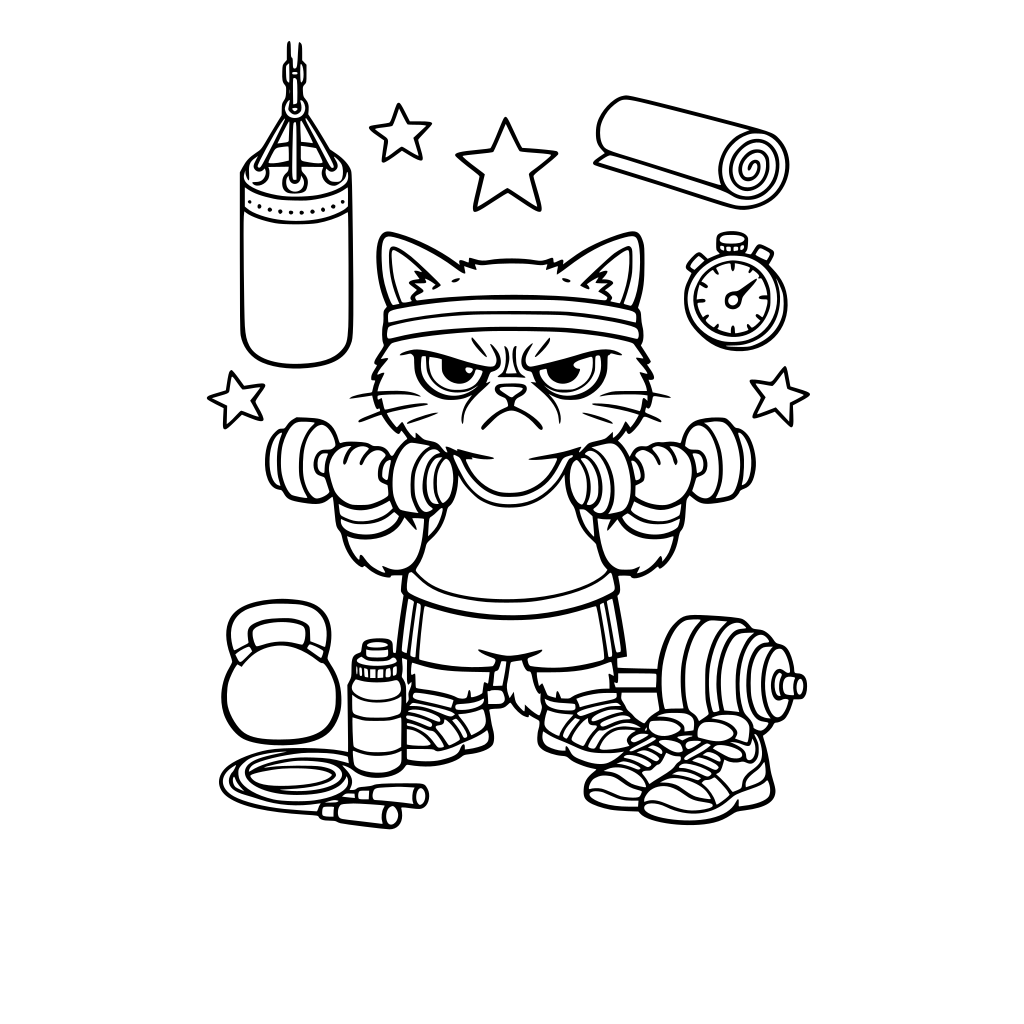 A grumpy cat working out