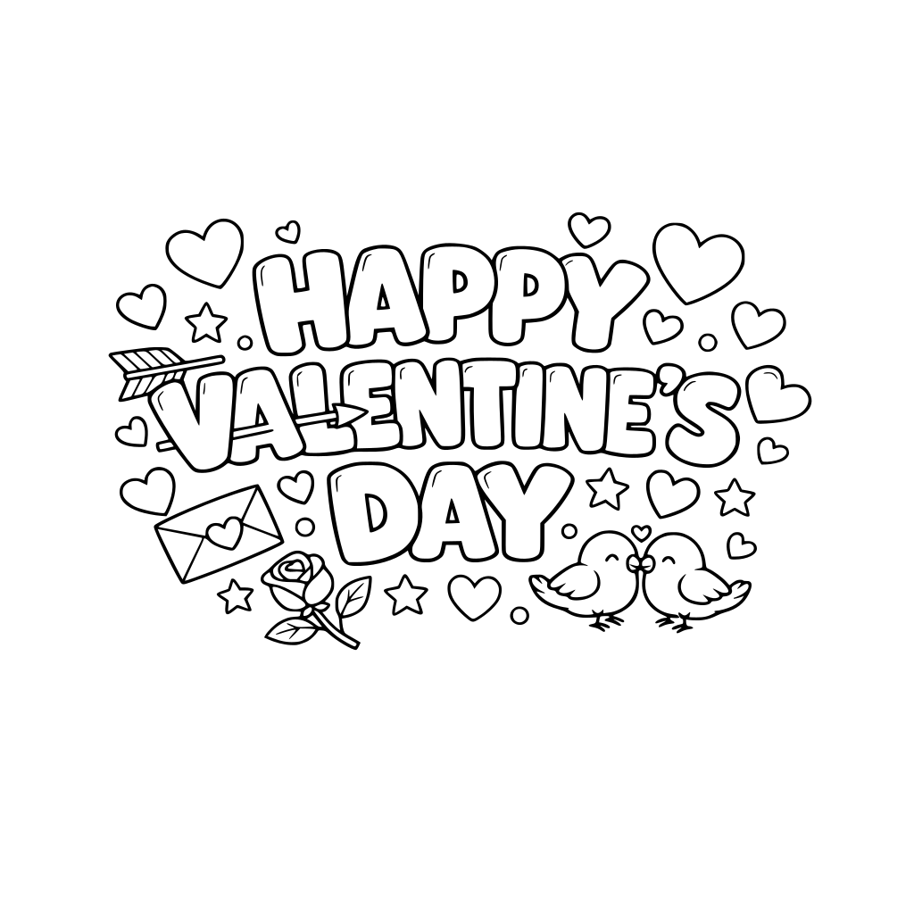 Big bubble letters that say ‘HAPPY VALENTINE’S DAY’ to color.