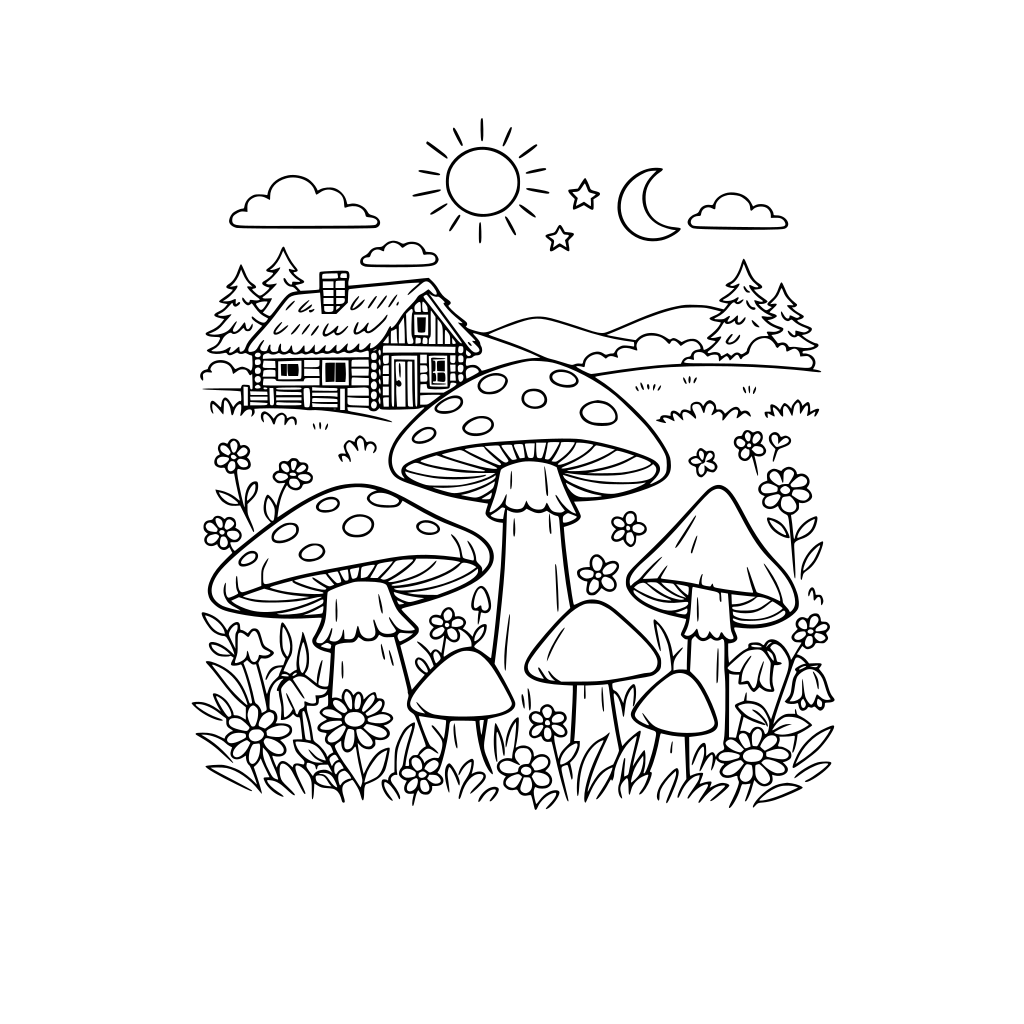 Cottagecore line art of oversized mushrooms in a wildflower meadow near a wooden cabin, black outlines, coloring book style, no shading.