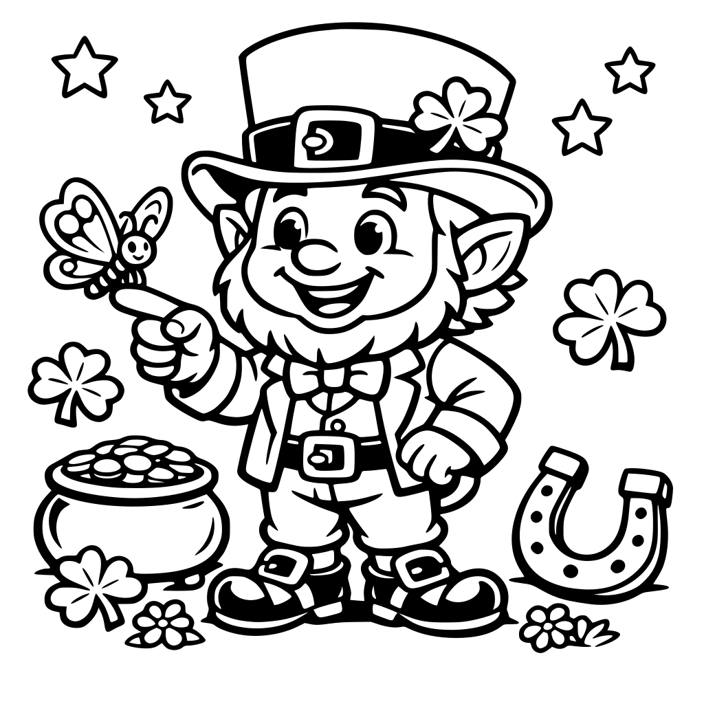 Square coloring book page that is black and white with a cute friendly leprechaun. He is holding his finger out with a butterfly perched on the end. Fill the whole page with great detail. Simple art bold and easy cartoon style.