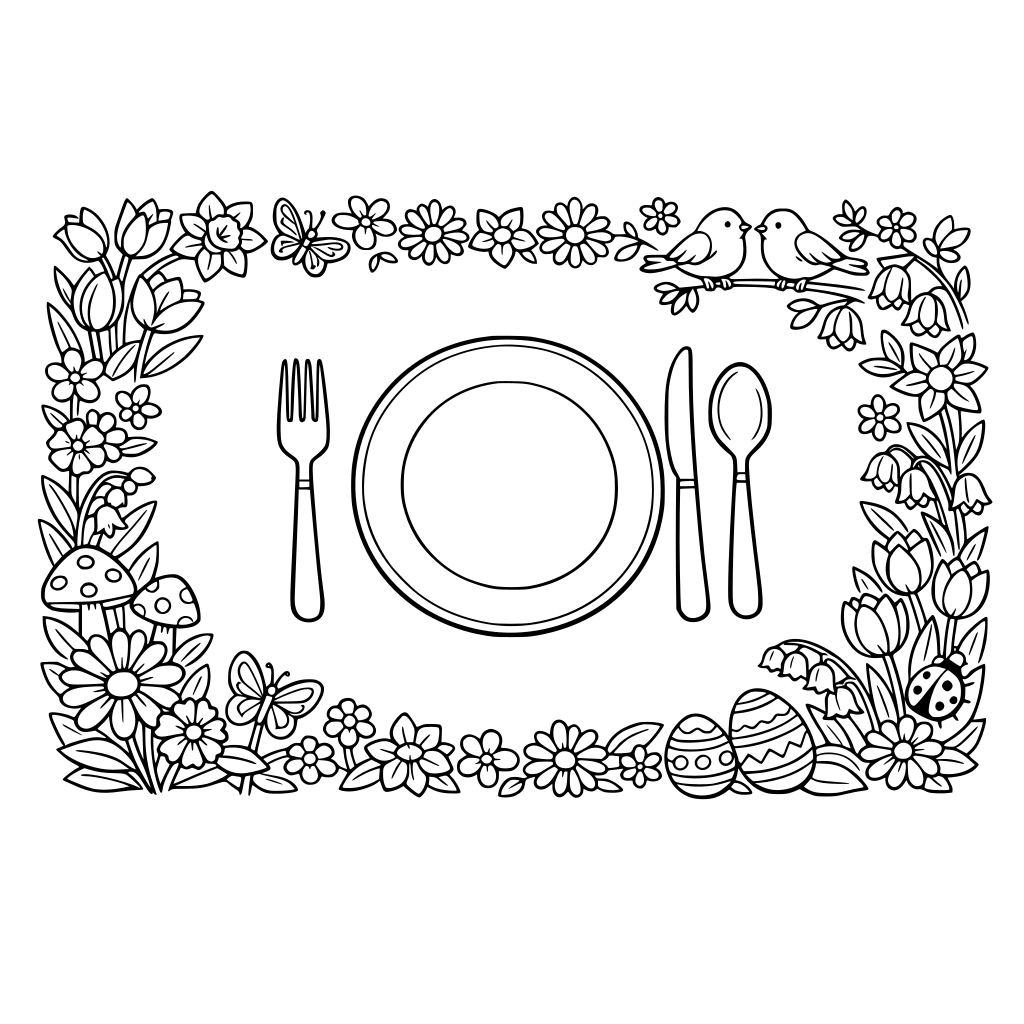 Ik wil een lente placemat. een bord met bestek in het midden en als rand van de kleurplaat lentebloemen