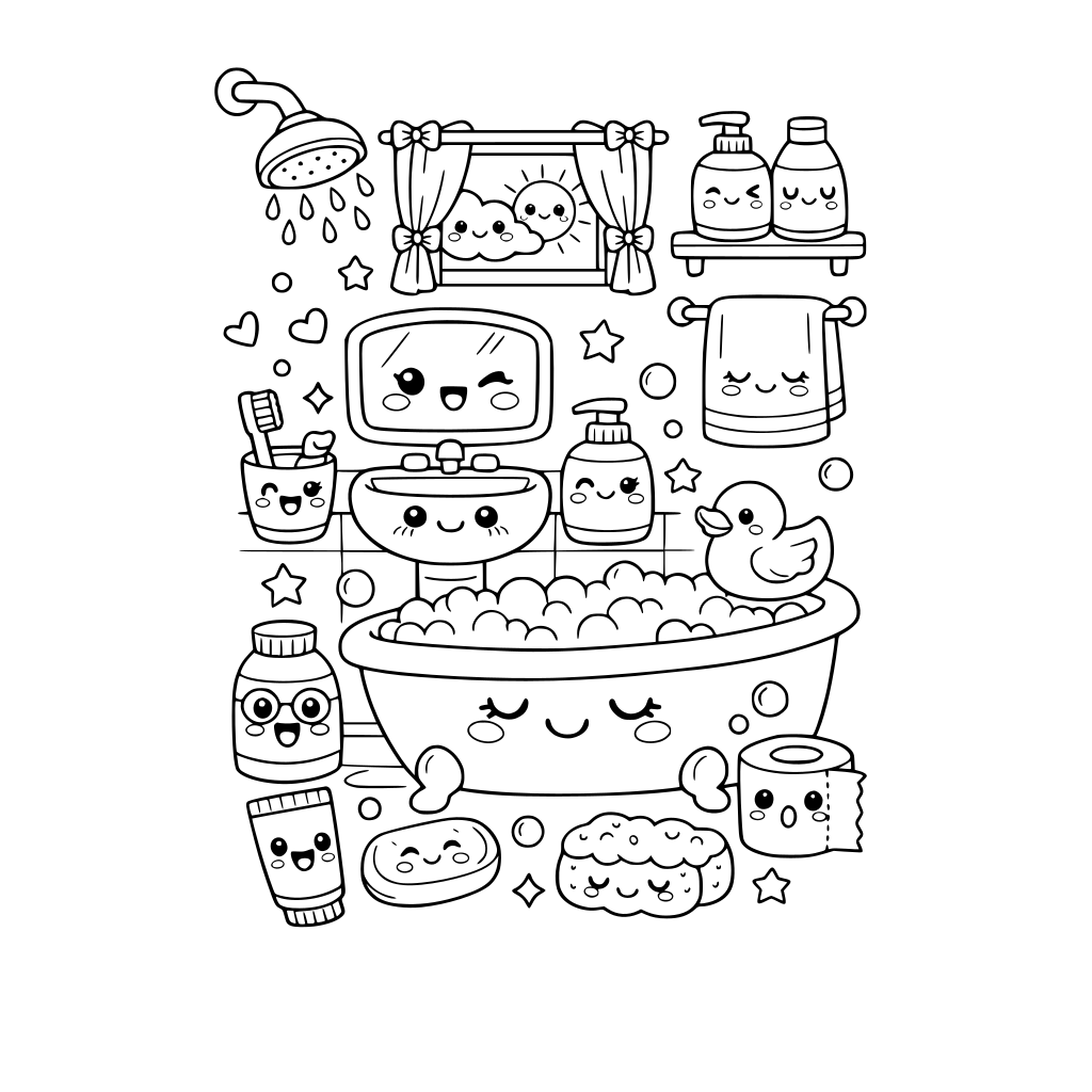 cute kawaii bathroom. no animals. a few items with kawaii faces. do not repeat facial expressions.