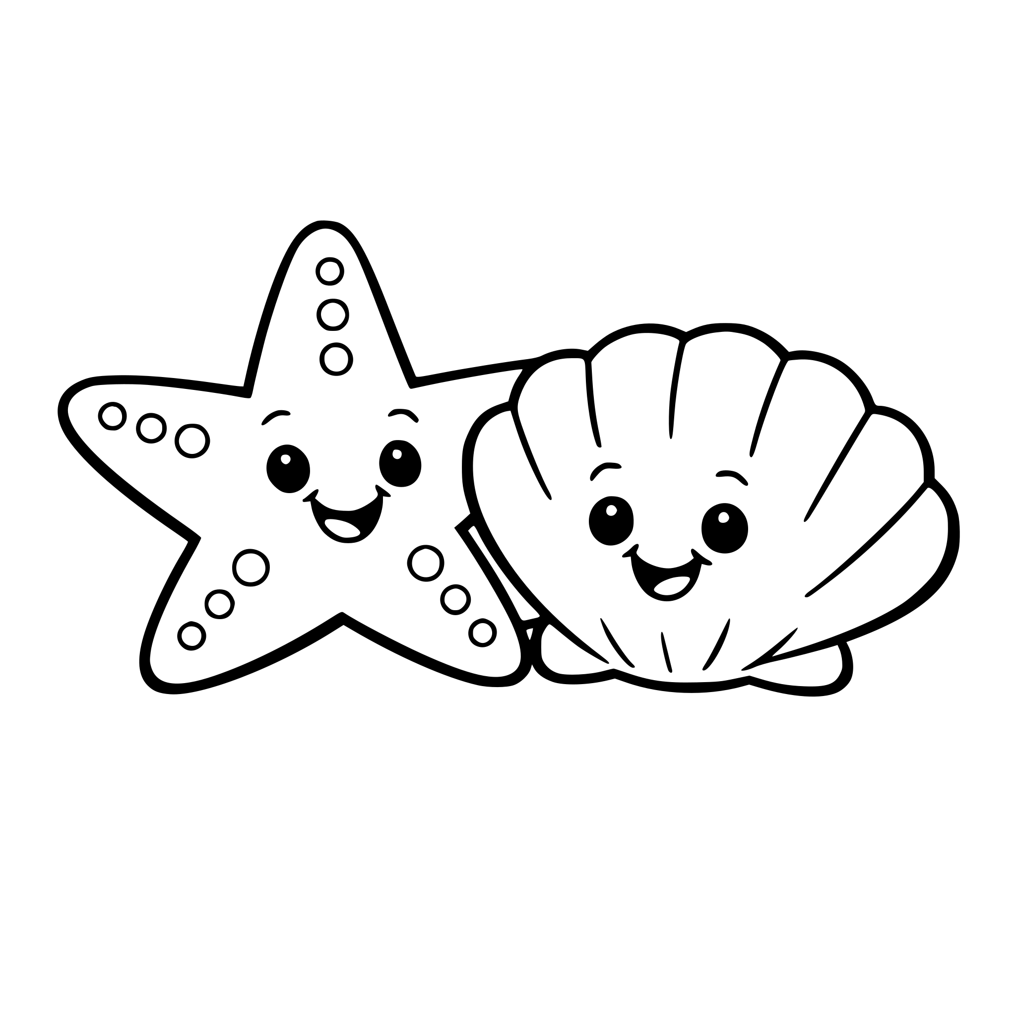 starfish and seashell sitting together like friends, smiling, minimal background