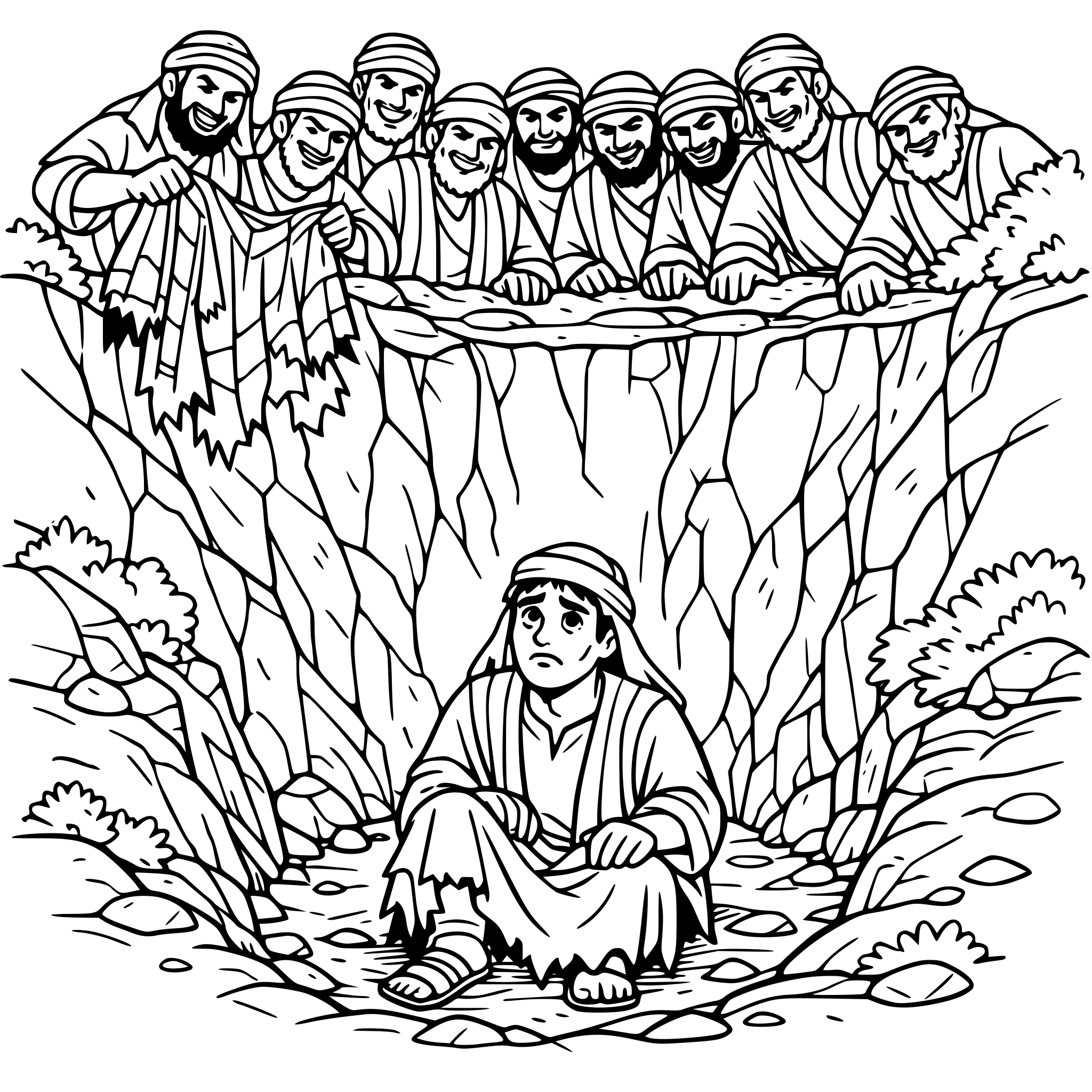 create a design with bible joseph down in a deep pit with his 11 brothers standing above the pit leering at him. Make joseph in the pit look worried have one of the evil brothers holding josephs torn colorful coat add landscape items such as rocks and trees