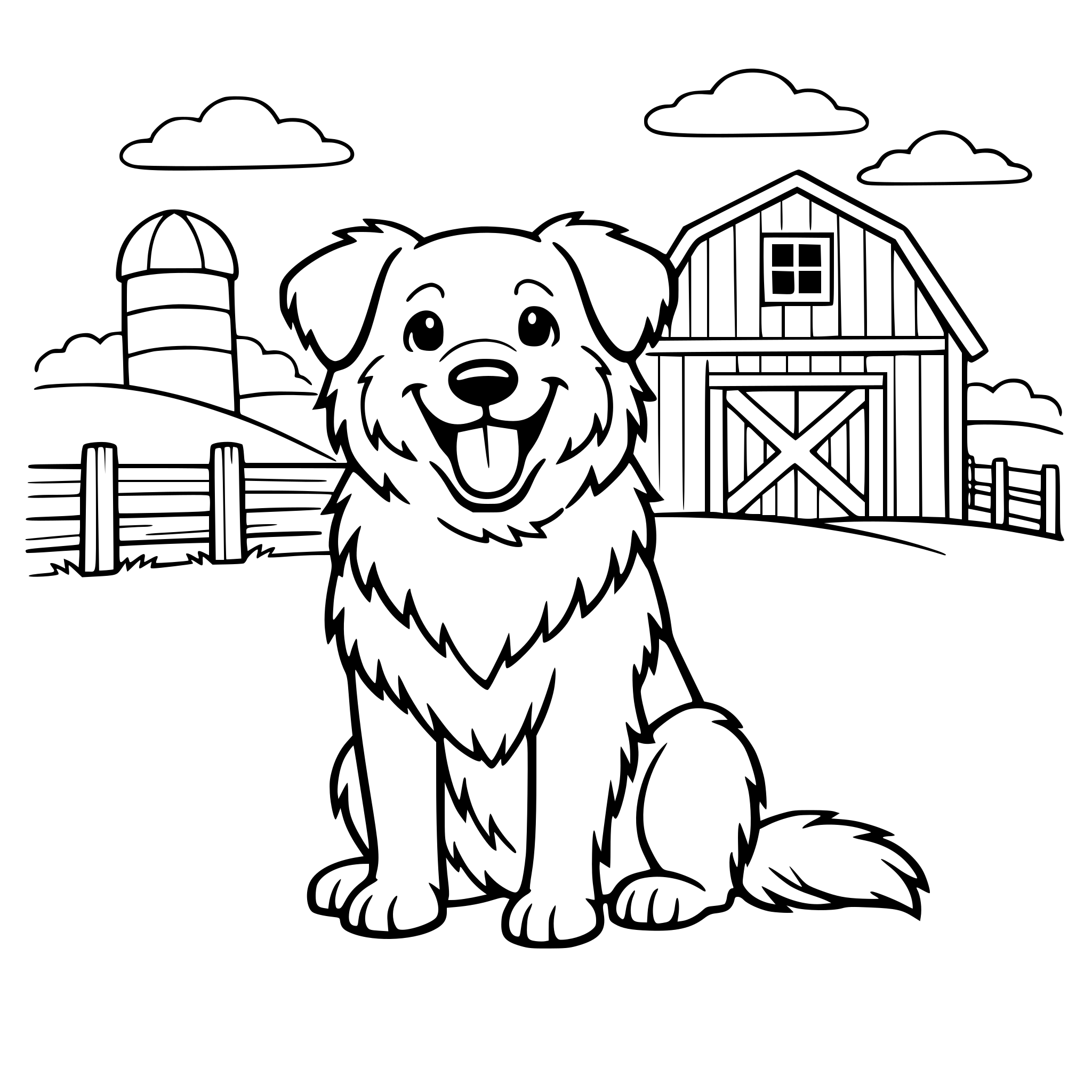 Friendly farm dog sitting and smiling, with a barn and fence behind