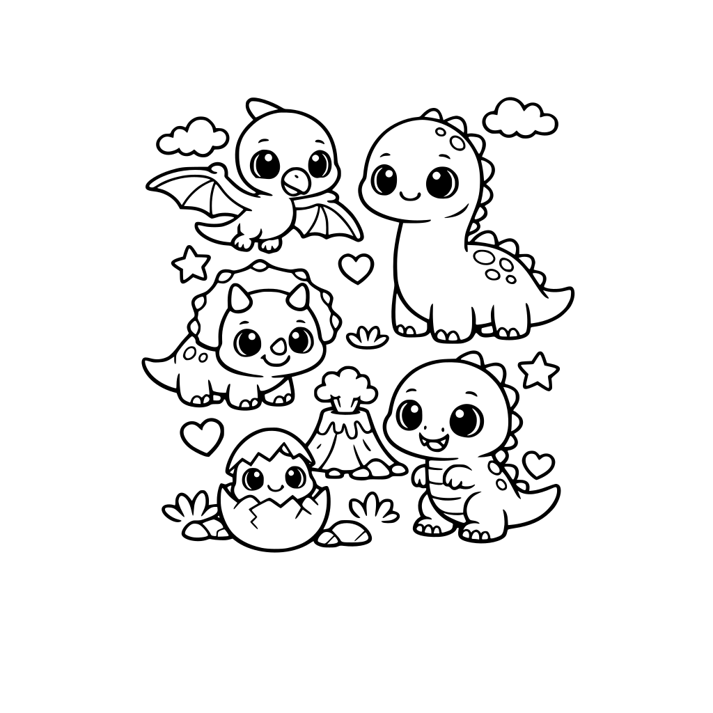 Kawaii / Cute Dinosaurs – big eyes, soft shapes, friendly expressions.