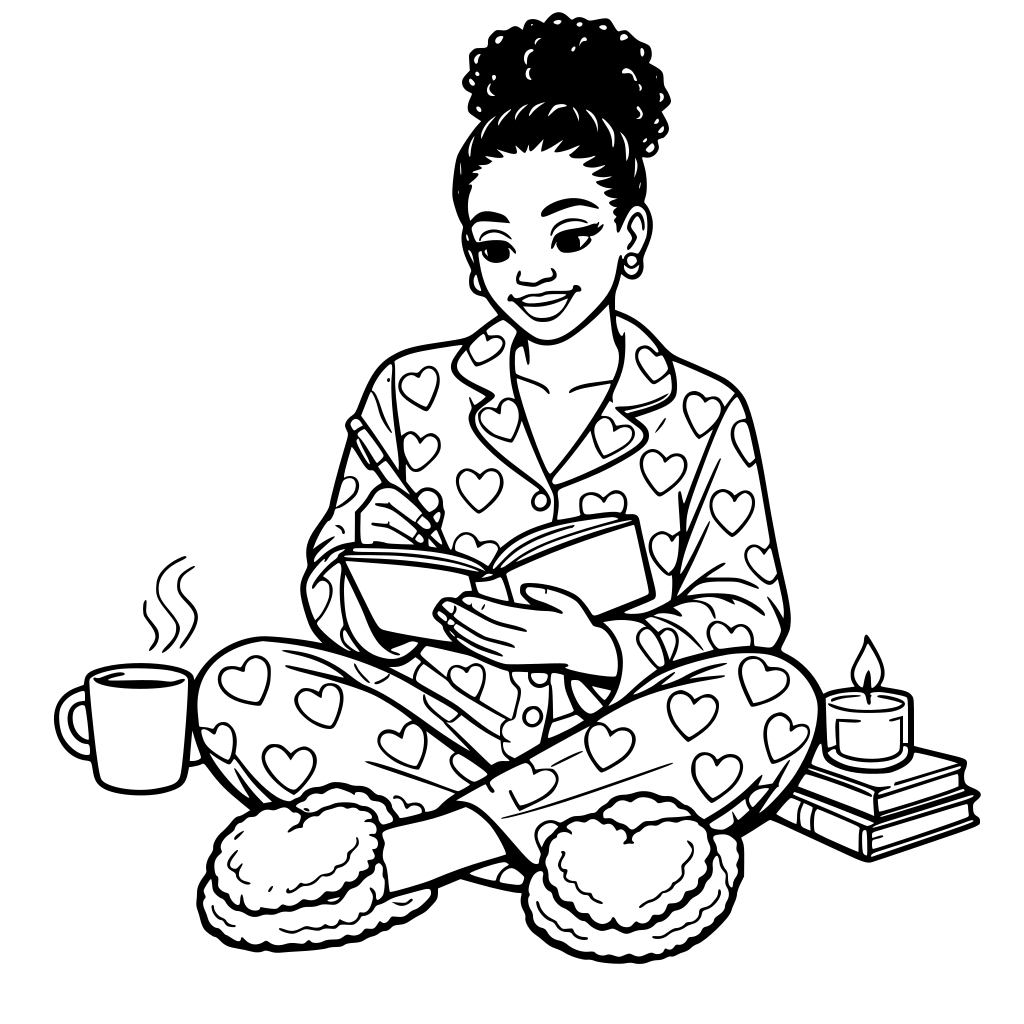potrait of an african woman in pyjamas, journaling in her notebook, cozynight vibe. Heart shaped pyjamas, fluffy bedroom slippers. coloring book for adult women