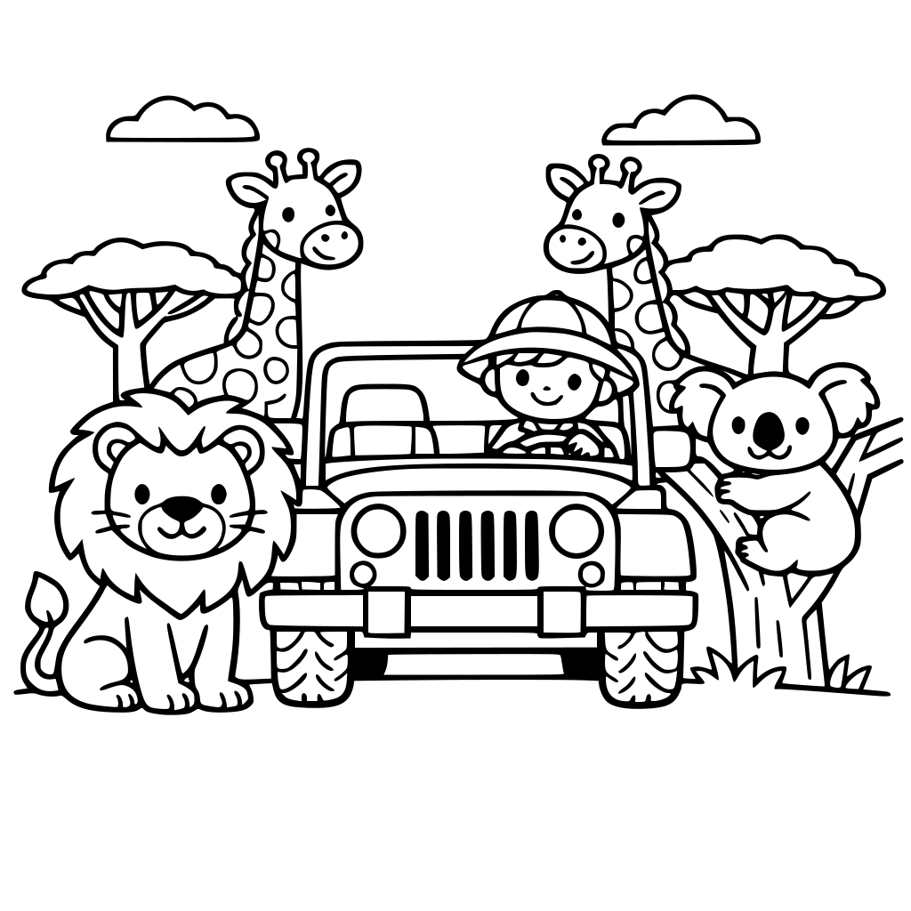 Safari, Jeep, lion, koala, trees, giraffes