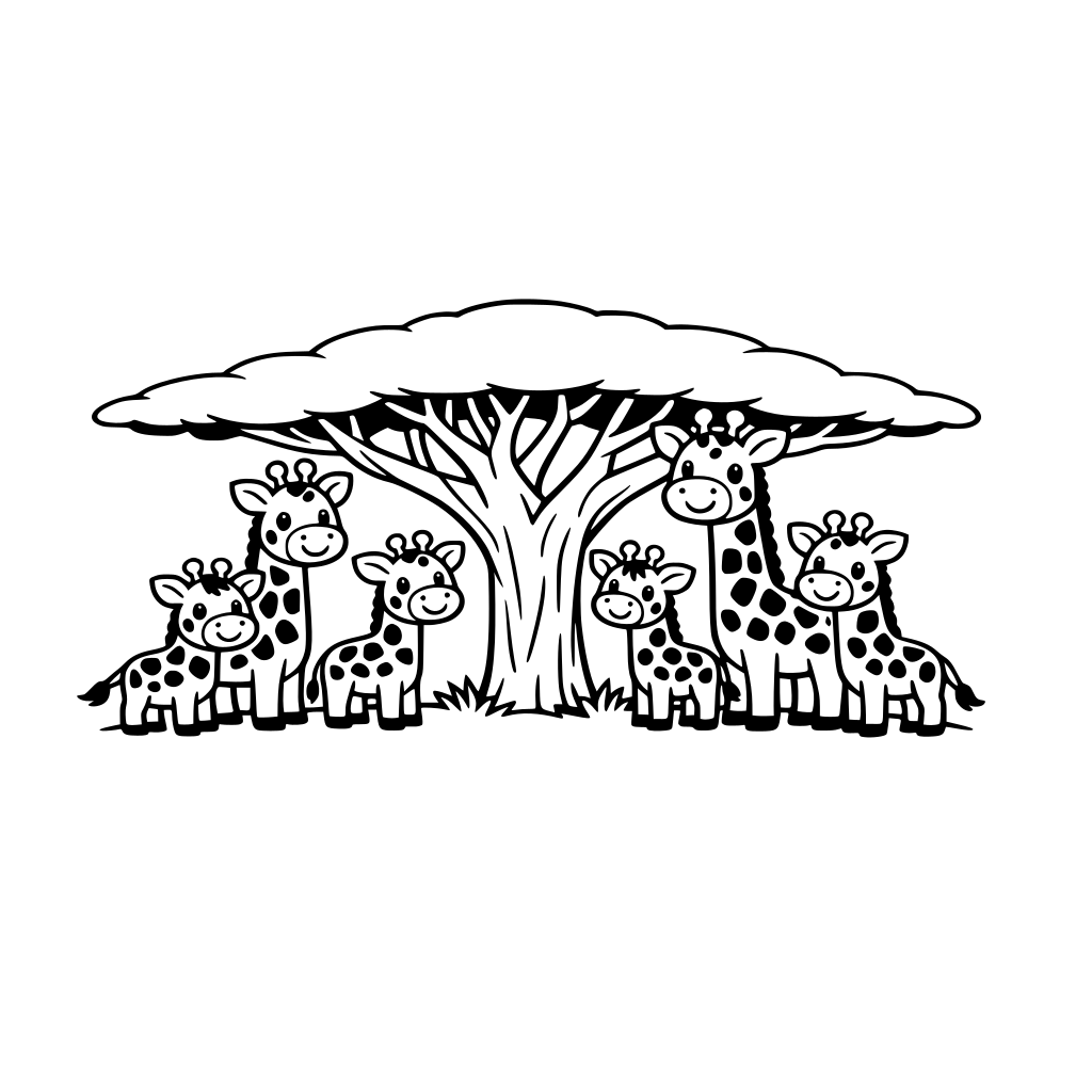 “Create a clean, black-and-white illustration for children. There is one large acacia tree in the center of a savanna, surrounded by a small group of smiling giraffes standing nearby.